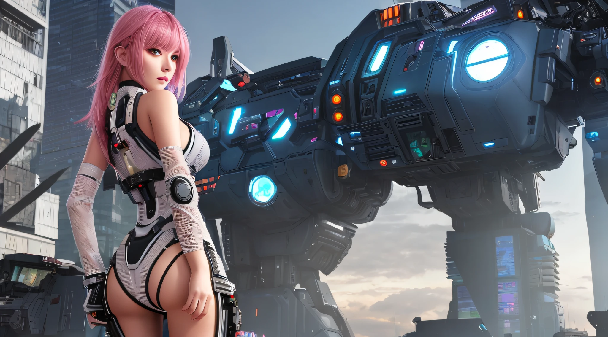 (8k, masterpiece, best quality), ultra-detailed, detailed beautiful round eyes, beautifully detailed face, high quality, high resolution, mecha girl wearing sexy outfit, massive breast, (see-through dress:1.2), mecha, ruins of city, perfect ass, perfect boobs, perfect face, perfect skin, nighttime, sexy body, pink hair, hands on, (short hair:1), female mecha, cyberpunk