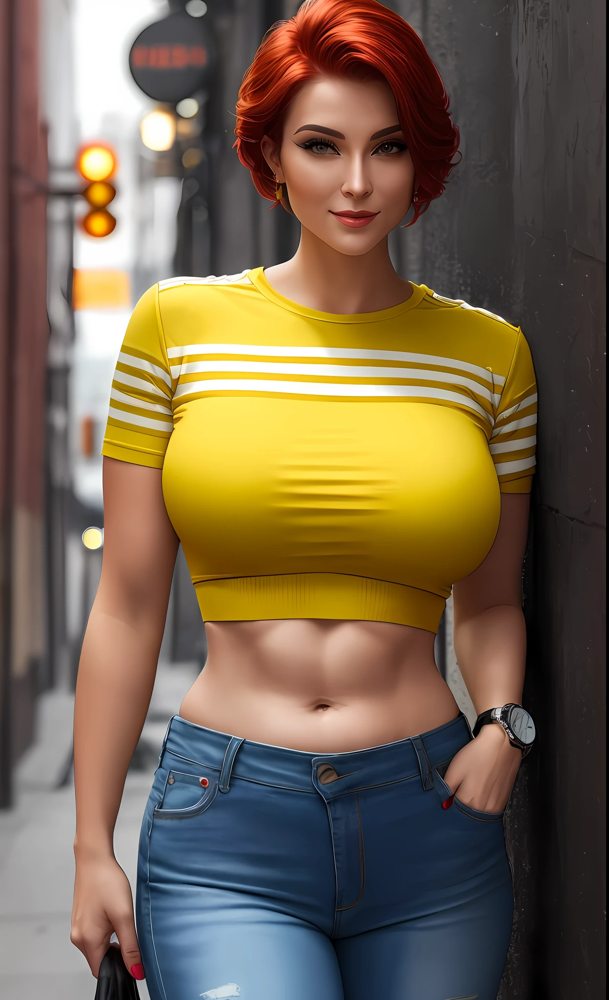 highly detailed woman wearing  yellow crop top, wearing jeans, dark alley , night, street light, makeup,

 closeup, sharp focus, beautiful esd_woman,perfect esd_face, perfect esd_body, 
realistic, hyper realistic, sweat, shinny skin,
stripes, belts , award winning photo, extremely detailed, amazing, fine detail, detailed eyes and face, large breasts, fitness, short red hair, wrist watch,