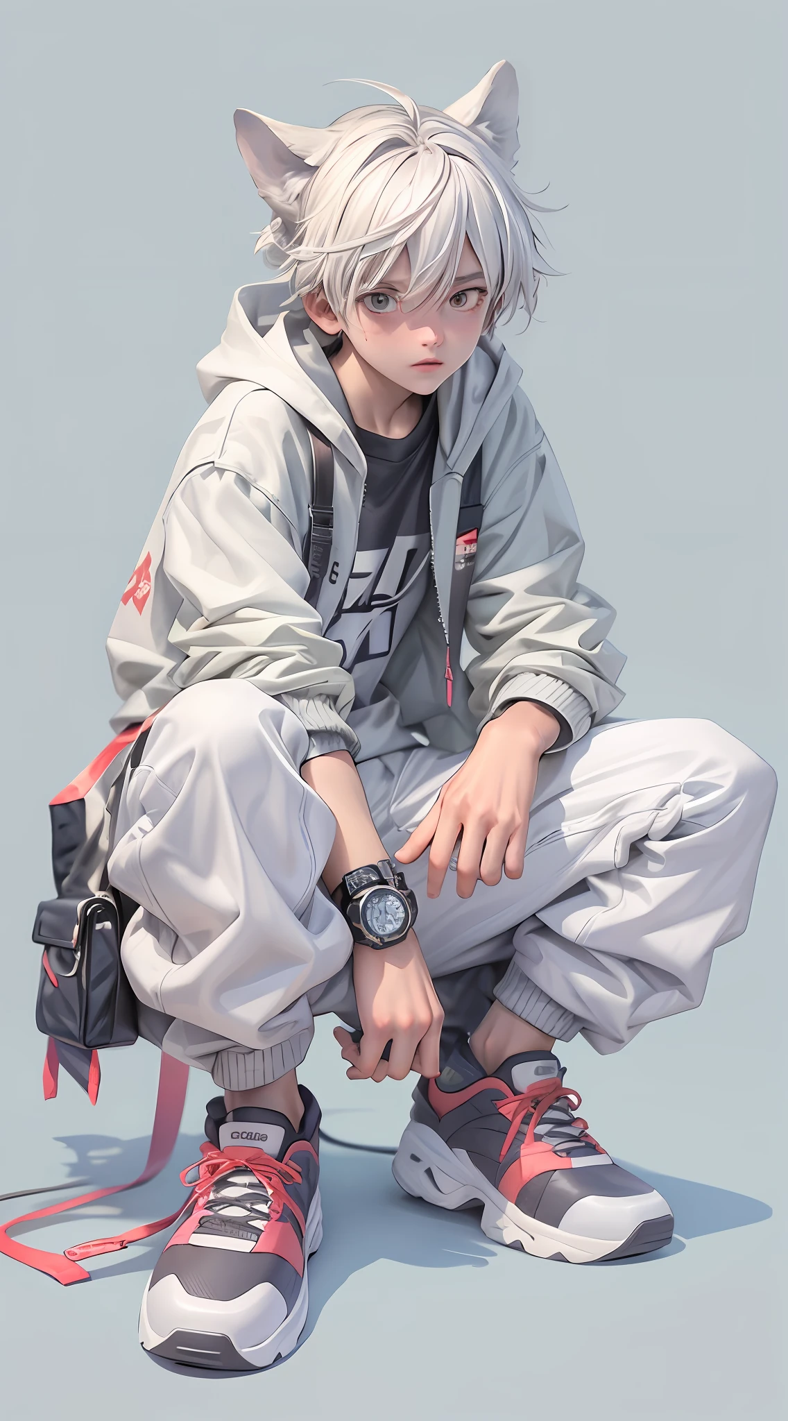 a masterpiece，Bestquality，offical art，8kwallpaper，Extremely Detailed，Illustration，1BOY，Trendy outfits，watch，sneaker shoes，squat down，Hands droop naturally，Hooded jacket，Street side，