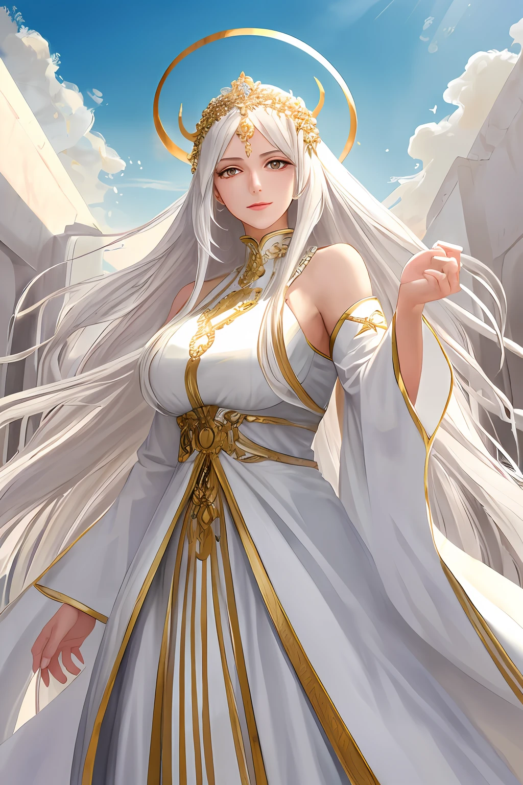 (masterpiece, best quality), 1girl, mature female, long white hair, white clothes, bare shoulder, greek clothes, golden eyes, big eyes, light smile, tall figure, divine, godlike, goddess, immortal, cowboy shot, detailed background, heaven palace, outdoor, godrays, sunbeams,