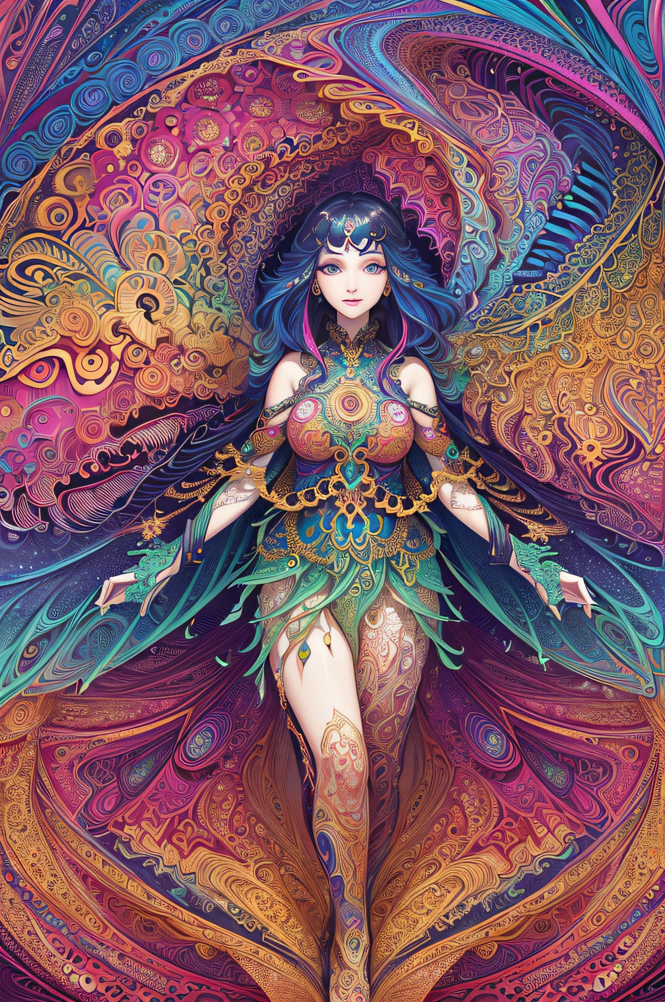 (masterpiece, top quality, best quality, official art, beautiful and aesthetic:1.2), (1girl:1.3), extremely detailed,(fractal art:1.2),colorful,highest detailed,(zentangle:1.2), (dynamic pose), (abstract background:1.5), (treditional dress:1.2), (shiny skin), (many colors:1.4), upper body