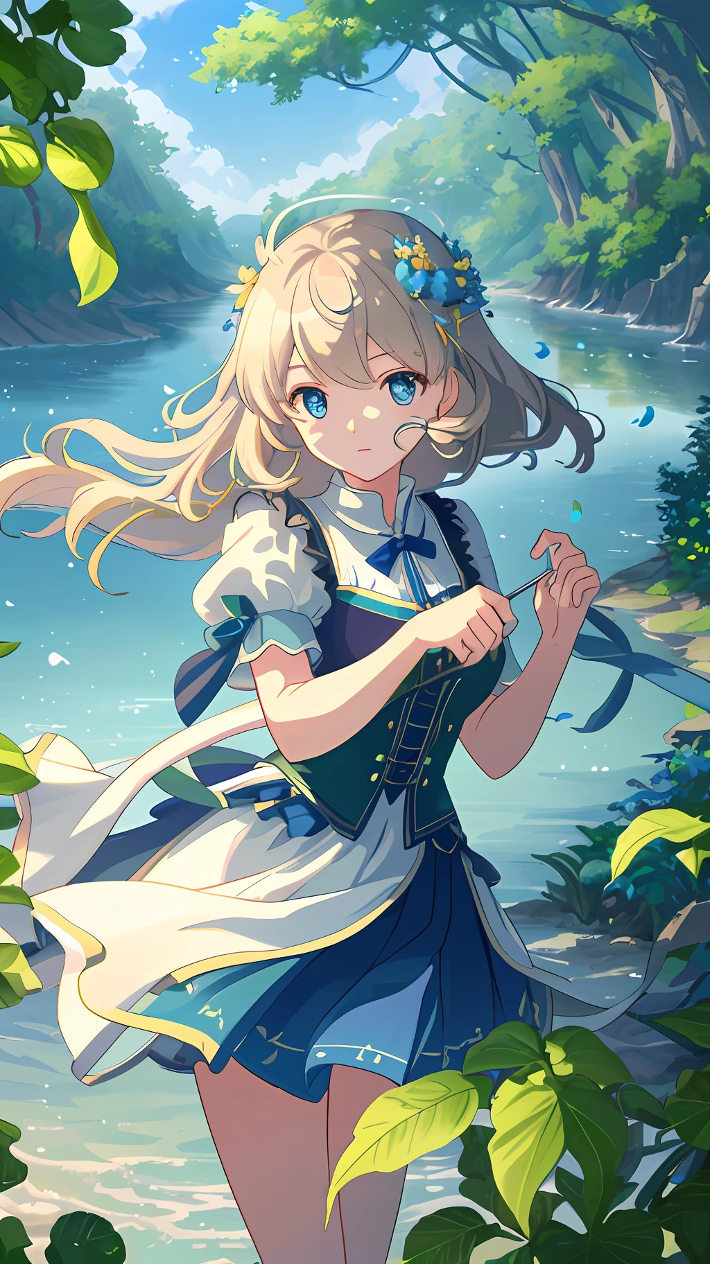 Masterpiece, best quality, (very detailed CG unity 8k wallpaper) (best quality), (best illustration), (best shadows) Nature', blue sea,delicate leaves petals of various colors falling in the air light Tracking, super detailed --v6