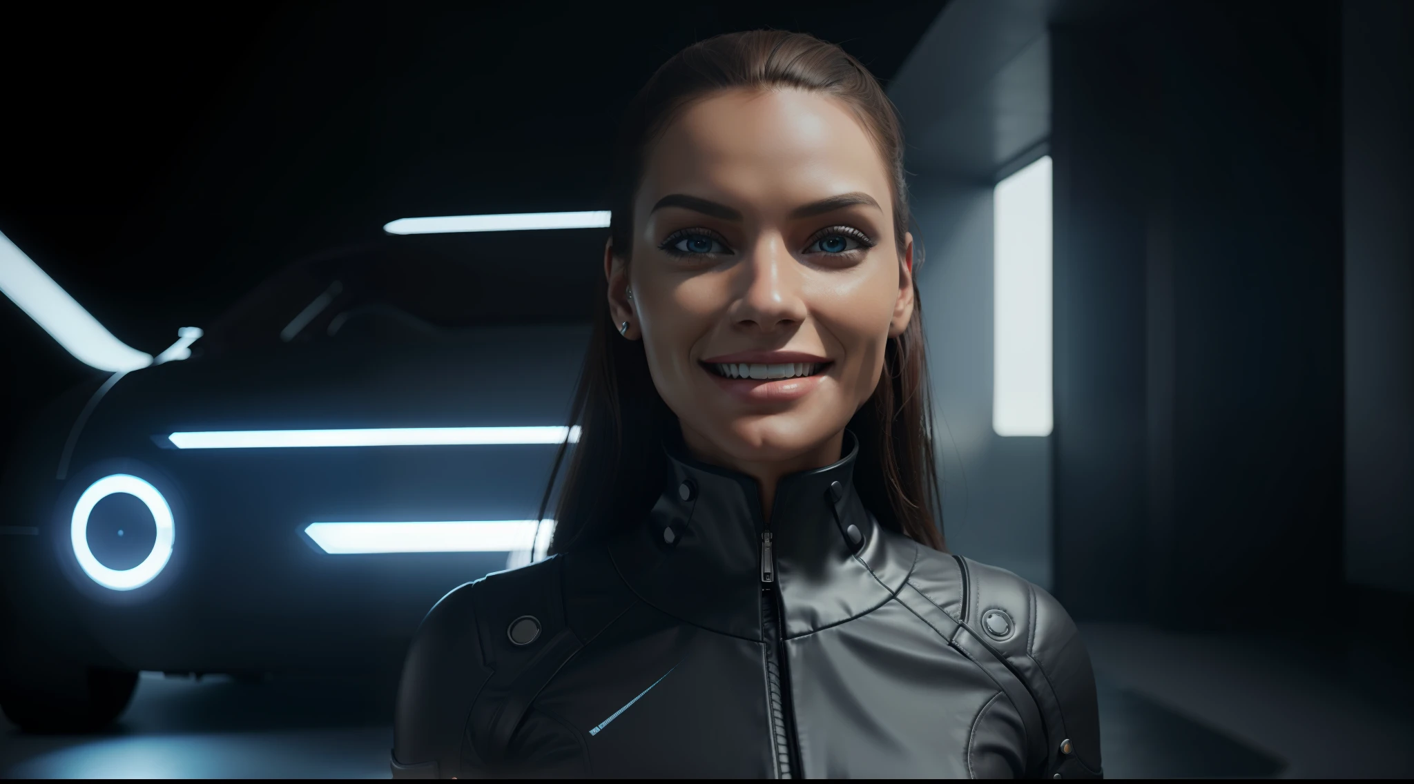 woman alone, futuristic clothing, (looking at viewer), (smiling: 1.1), (skindentation), road, futuristic vehicle, standing on side, looking at viewer, referenced photo, best quality, ultra high res, (photorealistic : 1.4), (detailed face and eyes), vibrant, photorealistic, realistic, dramatic, dark, sharp focus, 8k