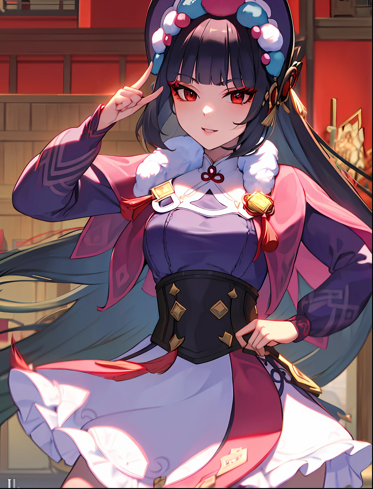 ((masterpiece:1.2)), best quality, pretty face, dramatic lighting,1girl, solo, blunt bangs, hime cut, black corset, black hair, collar, mascara, ((red eyeshadow)), long hair, sidelocks, floating hair, looking at viewer, (makeup), pink capelet, qi ****ta, red eyes, puffy long sleeves, bonnet, purple dress, large breasts, underbust, parted lips, light smile, hand up, index finger raised, skirt, (purple pantyhose), Pantyhose Showing Panties, panties under pantyhose, underwear, wind blowing skirt, anime screencap, (night sky), east asian architecture, Liyue, tassel, black footwear, (half closed eyes), genshin impact,