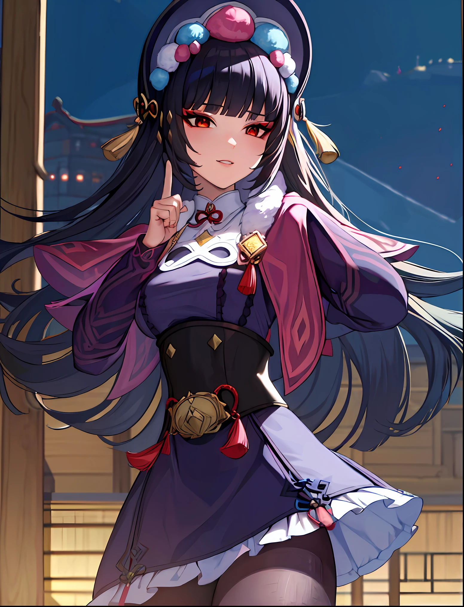 ((masterpiece:1.2)), best quality, pretty face, dramatic lighting,1girl, solo, blunt bangs, hime cut, black corset, black hair, collar, mascara, ((red eyeshadow)), long hair, sidelocks, floating hair, looking at viewer, (makeup), pink capelet, qi ****ta, red eyes, puffy long sleeves, bonnet, purple dress, large breasts, underbust, parted lips, light smile, hand up, index finger raised, skirt, (purple pantyhose), Pantyhose Showing Panties, panties under pantyhose, underwear, wind blowing skirt, anime screencap, (night sky), east asian architecture, Liyue, tassel, black footwear, (half closed eyes), genshin impact,