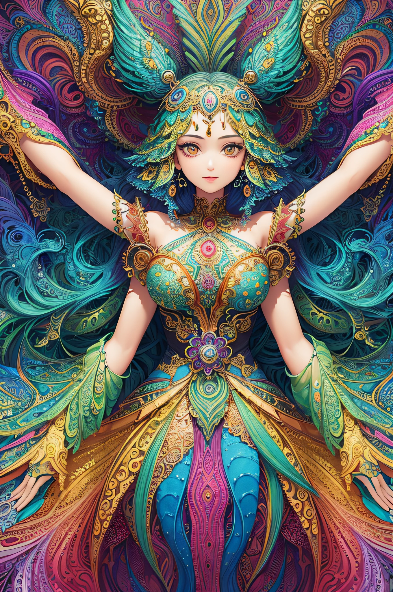 (masterpiece, top quality, best quality, official art, beautiful and aesthetic:1.2), (1girl:1.3), extremely detailed,(fractal art:1.2),colorful,highest detailed,(zentangle:1.2), (dynamic pose), (abstract background:1.5), (treditional dress:1.2), (shiny skin), (many colors:1.4), upper body