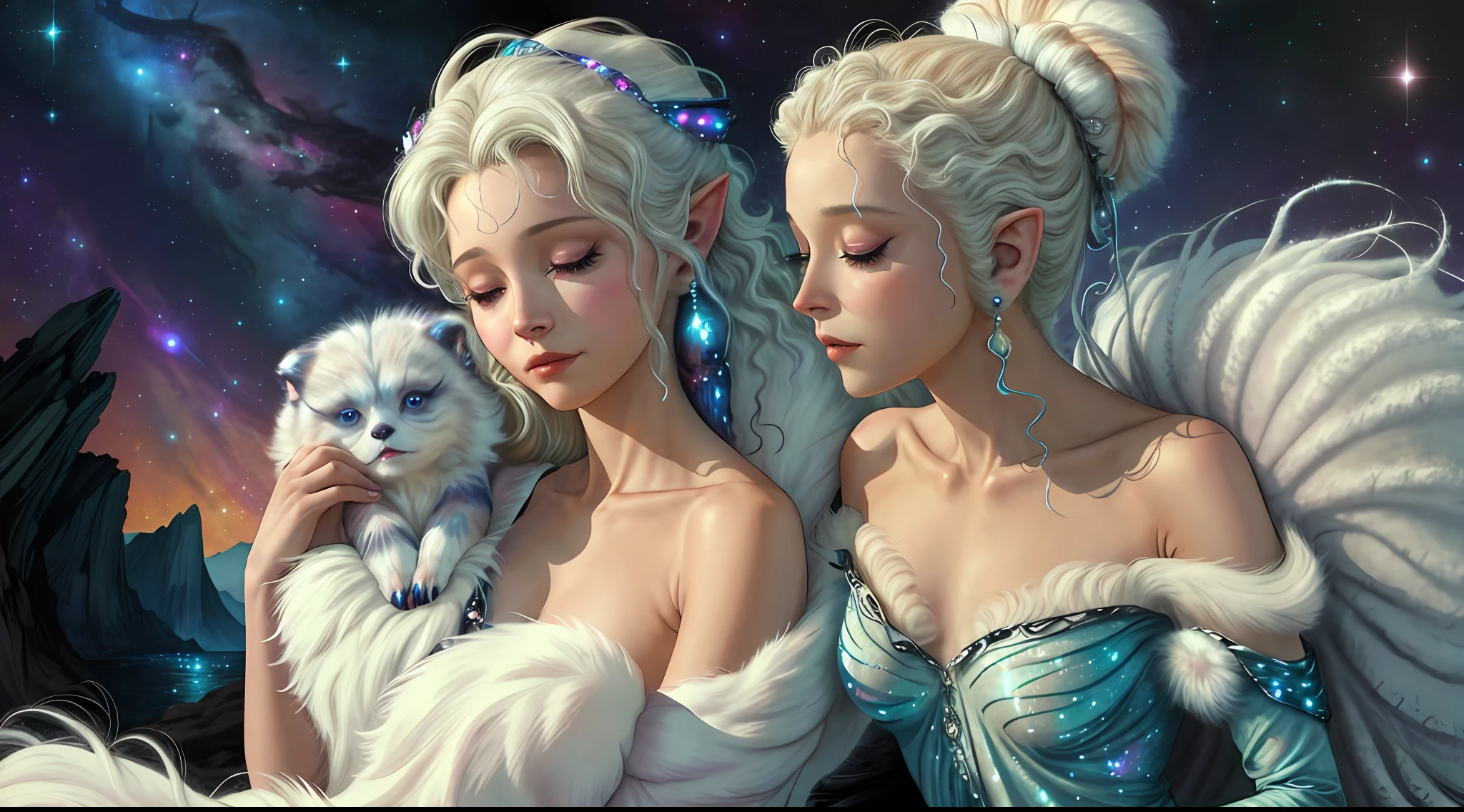 breathtaking masterpiece, best quality, highest quality, highly detailed, exquisite, award winning 8K digital painting of an ethereal and (incredibly beautiful female alien:1.4) with luminescent body parts that shimmer like stardust (lying gracefully on a steep cliff:1.2), casting a watchful gaze over (the galaxy:1.33), (a fluffy creature rests on her shoulder:1.8), intricate details, golden ratio, BaroqueAI, v0id3nergy, by Louis Royo
