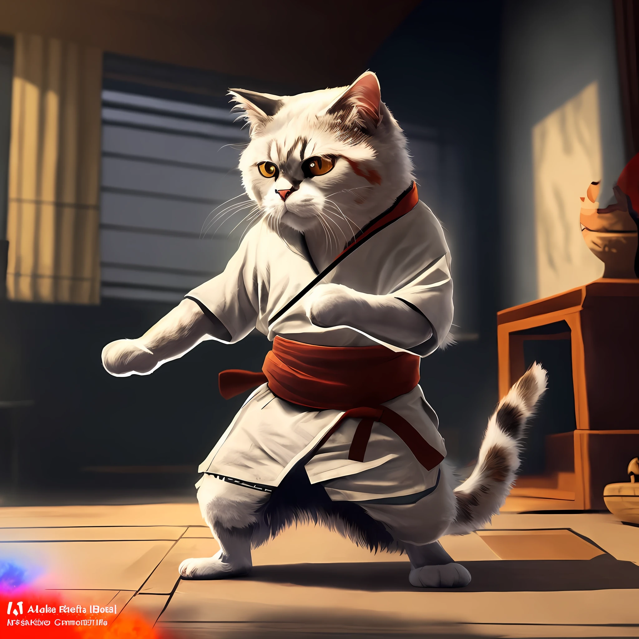 anime cat in a karate outfit doing a trick with a sword, anthropomorphic cat ninja, samurai cat, ninja cat, adorable digital painting, in a fighting pose, akihiko yoshida. unreal engine, anime cat, inspired by Miao Fu, fighting game character, in a fighting stance, cat the assassin, as a character in tekken