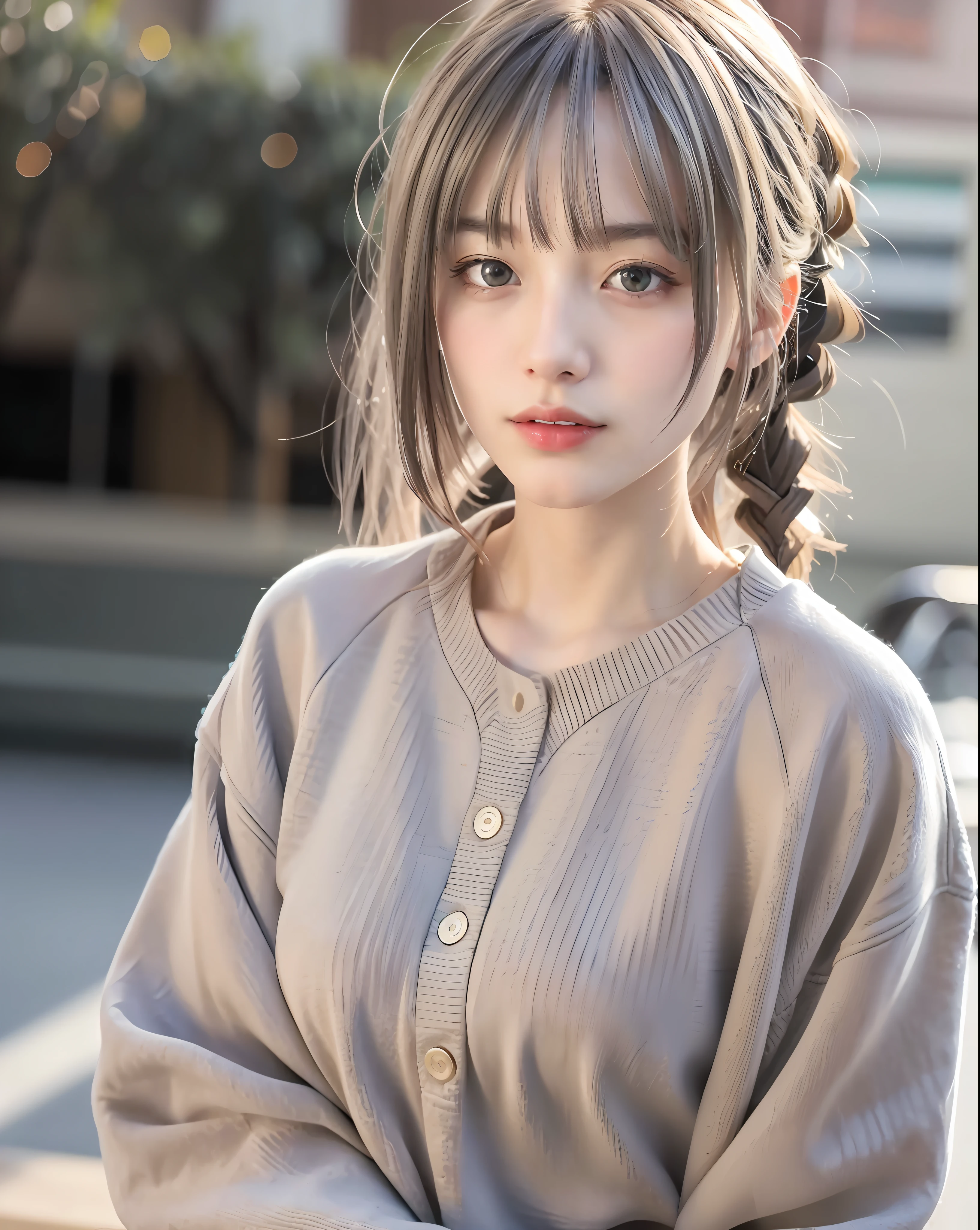 Full body, gray hair, (Dragoon: 1.2), Brant Bang, masterpiece, top quality, official art, very elaborate CG Unity 8K wallpaper, for girls, ultra high resolution, (photorealistic: 1.4), golden hour lighting, sweater dress, (upper body), (platinum shorthair: 0.8), (puffy eyes), looking at the viewer, frontal, smile, medium breasts, shirt lift, Gloves, shorthair