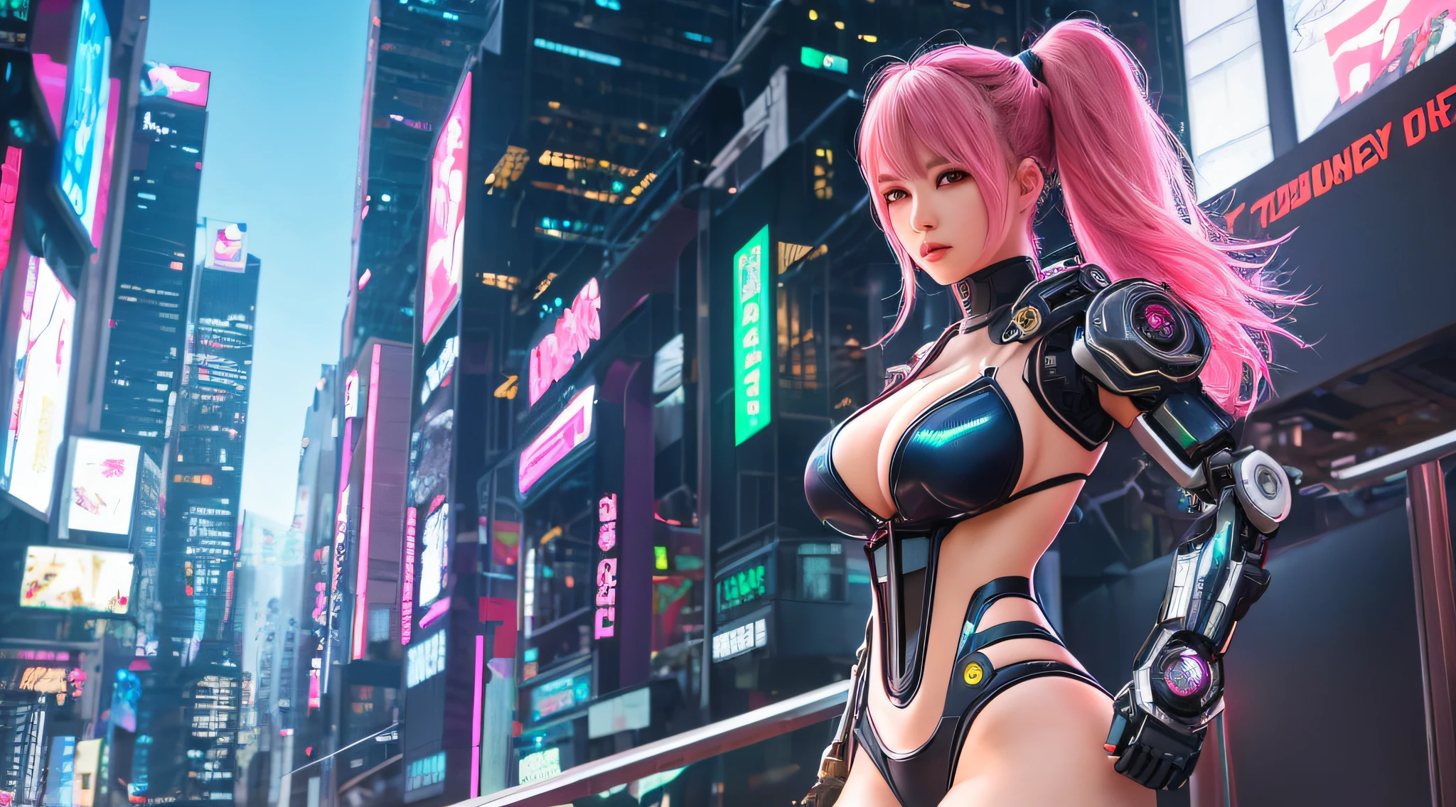 (8k, masterpiece, best quality), ultra-detailed, detailed beautiful round eyes, beautifully detailed face, high quality, high resolution, mecha girl wearing sexy outfit, massive breast, (see-through dress:1.2), mecha, ruins of city, perfect ass, perfect boobs, perfect face, perfect skin, nighttime, sexy body, pink hair, hands on, (short hair:1), female mecha, cyberpunk