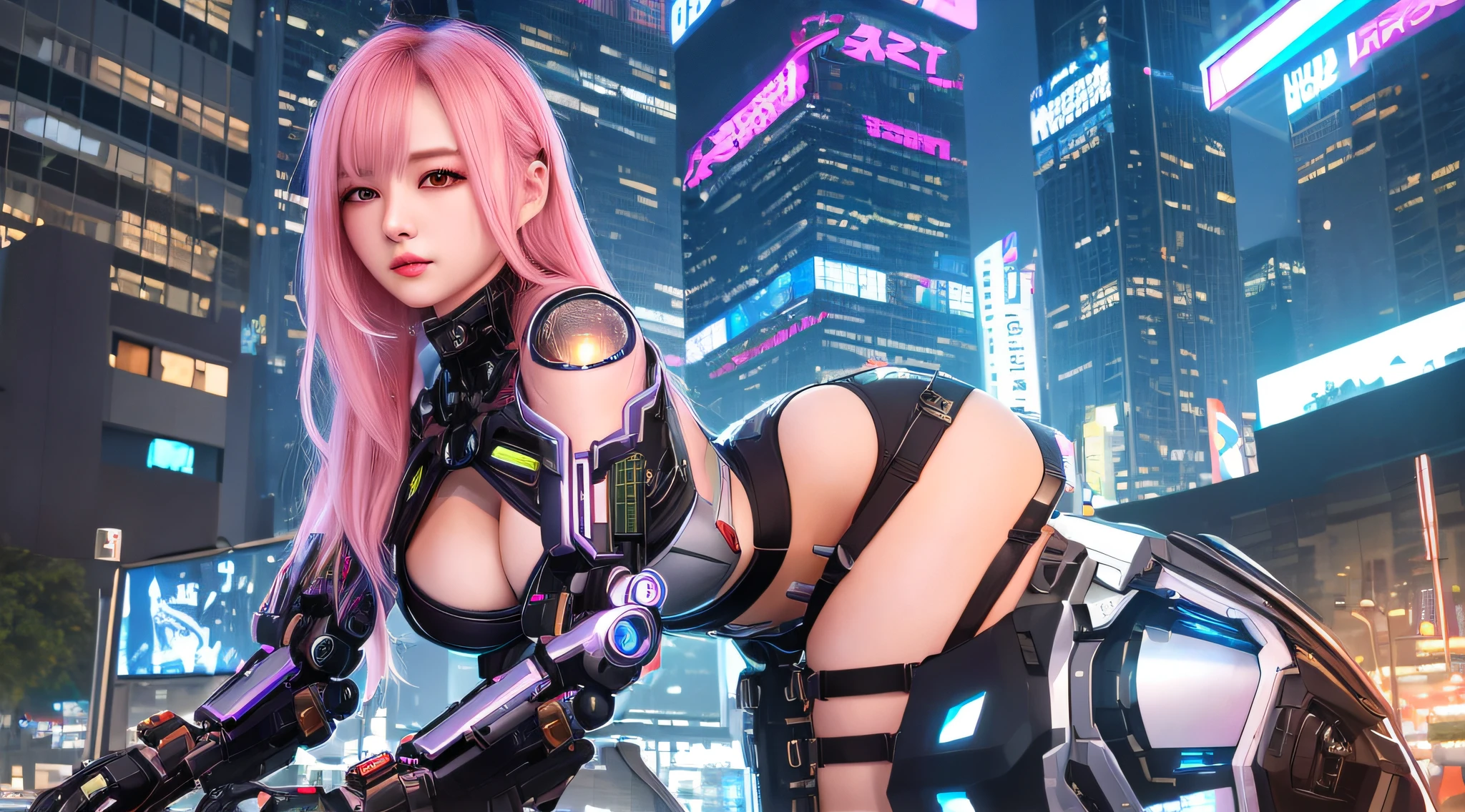 (8k, masterpiece, best quality), ultra-detailed, detailed beautiful round eyes, beautifully detailed face, high quality, high resolution, mecha girl wearing sexy outfit, massive breast, (see-through dress:1.2), mecha, ruins of city, perfect ass, perfect boobs, perfect face, perfect skin, nighttime, sexy body, pink hair, hands on, (short hair:1), female mecha, cyberpunk