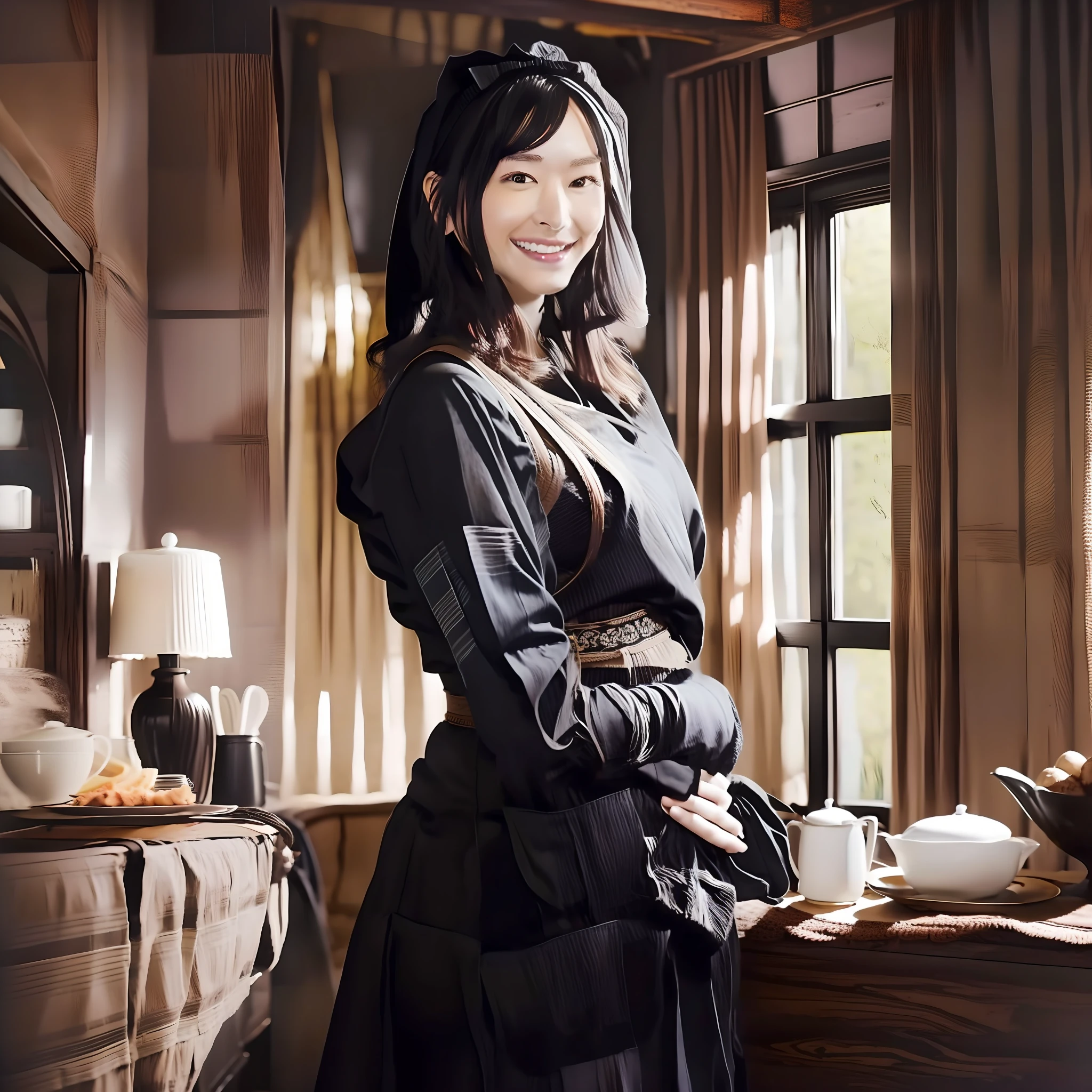 Young maid living in an old Western-style house-style house、Black and white maid clothes、long black hair、Smiling smile、White headband