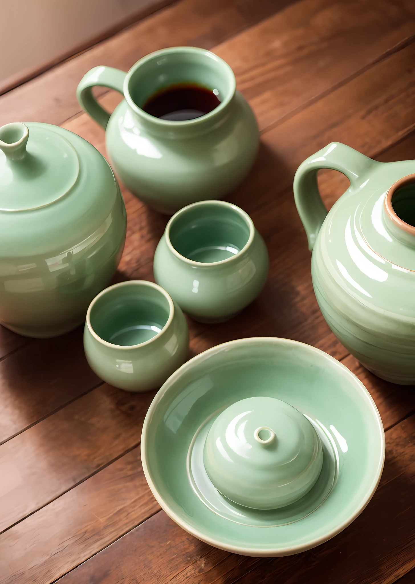 Celadon glaze on the wooden table，Celadon glaze，cup，green tones，Ceramic pot，Purple glaze，Red glaze，Blue glaze，teacup，Kung Fu tea set，Ceramic cup