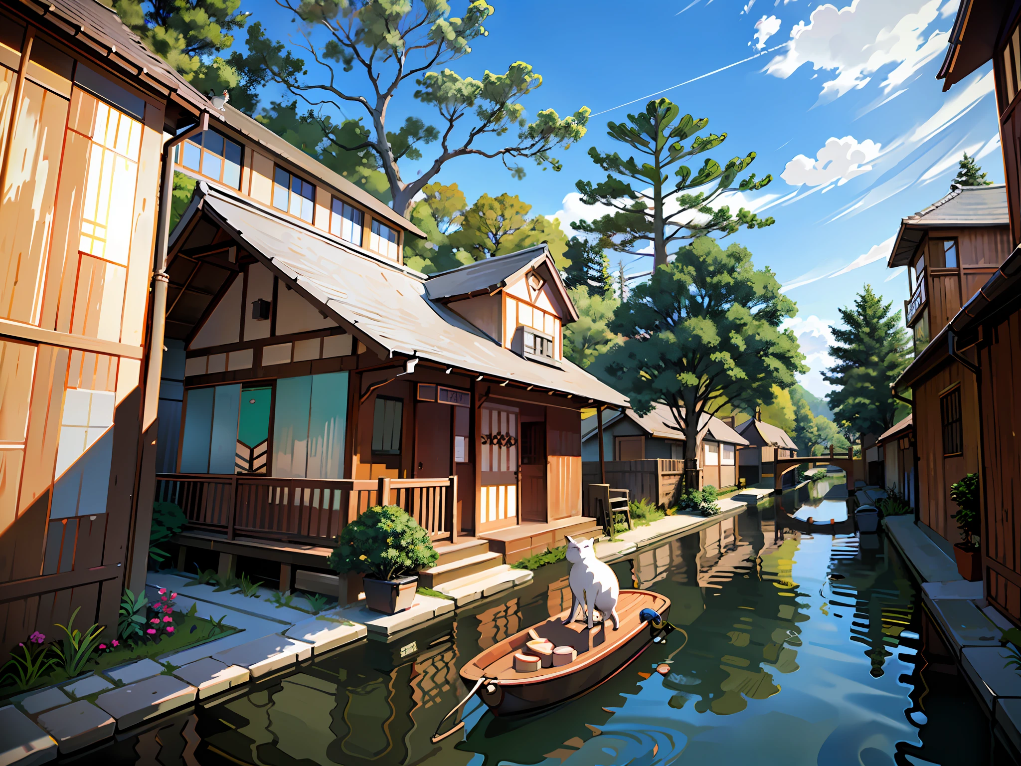 (Japanese town Landscape), (Hayao Miyazaki Style), japanese rarely townhouse, ((dirt road: 1.4)), daylight, sunny, ((small canal:1.3)), crossroad railway:1.5, ((one big planet:1.1)), balcony, cherry trees, small houses, plants, flowers, tree, ((cute cat: 1.4)), pole, white cloud, electric wires:1.4, calm landscape, outdoor, green trees, epic composition, realistic lighting, high-definition detail, masterpiece, the best quality, (very detailed CG unified 8k wallpaper), --v6