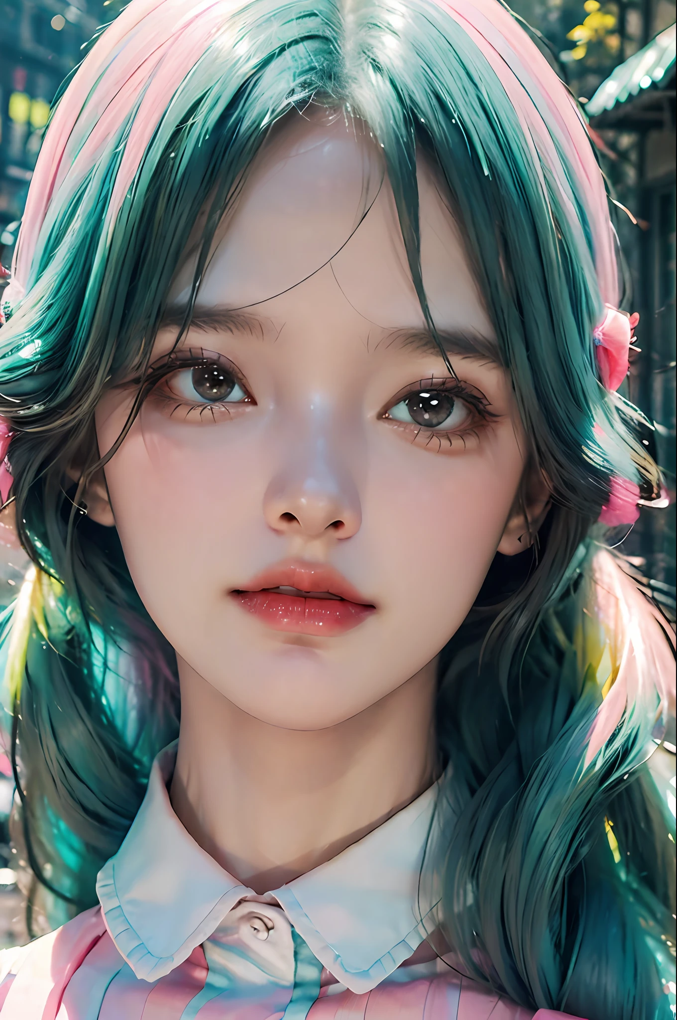 (fluorescent colors:1.4),(translucent:1.4),(retro filters:1.4), (fantasy:1.4), candy world Disney land ethereal soft fluffy soft landscape forest snowavatar Pastel pink sky green blue sparkle ethereal light pastel whimsical light rainbow stars diamonds sparkle gemstone background hyper realistic Ultra quality cinematic lighting immense detail Full hd painting Well lit,diagonal bangs,
collared dress,on side
masterpiece, best quality,realskin,(portrait:1.5), 1girl, blunt bangs, long hair