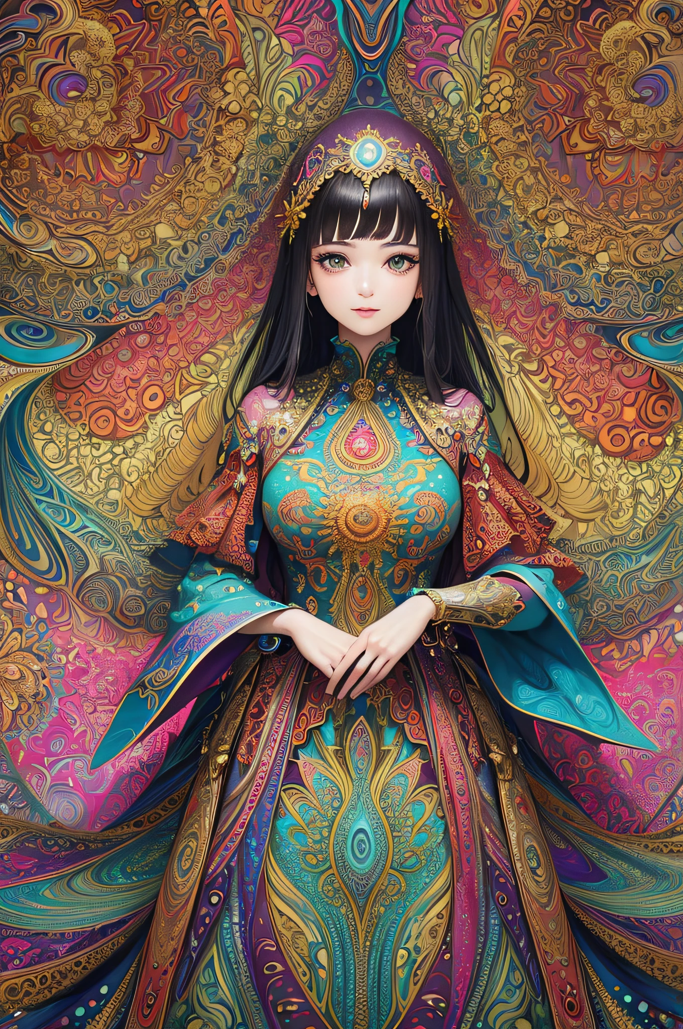 (masterpiece, top quality, best quality, official art, beautiful and aesthetic:1.2), (1girl:1.3), extremely detailed,(fractal art:1.2),colorful,highest detailed,(zentangle:1.2), (dynamic pose), (abstract background:1.5), (treditional dress:1.2), (shiny skin), (many colors:1.4), upper body