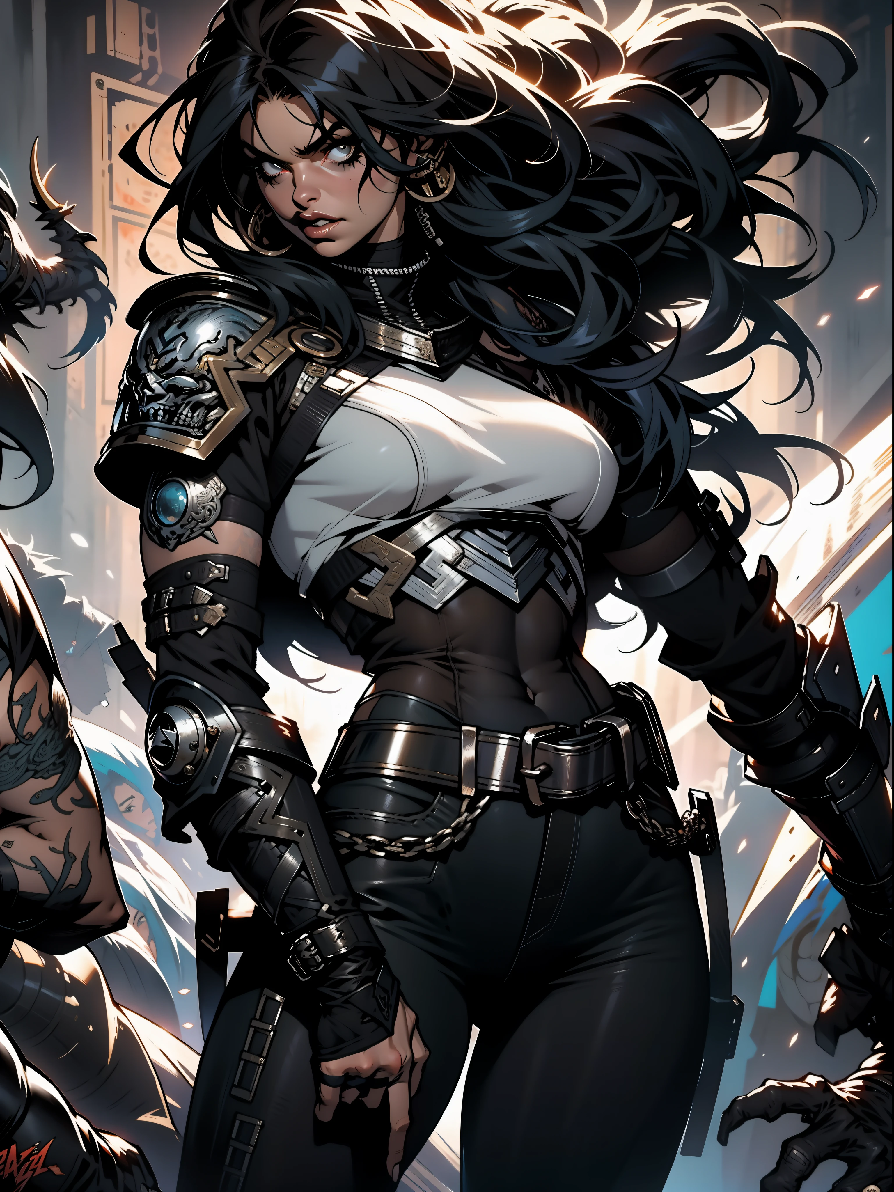 Uma guerreira mulher de 35 anos musculosa quase nua no estilo Simon Bisley para a capa da revista Heavy Metal, cabelo metade preto metade branco, Minimum clothing, Roupas curtas,