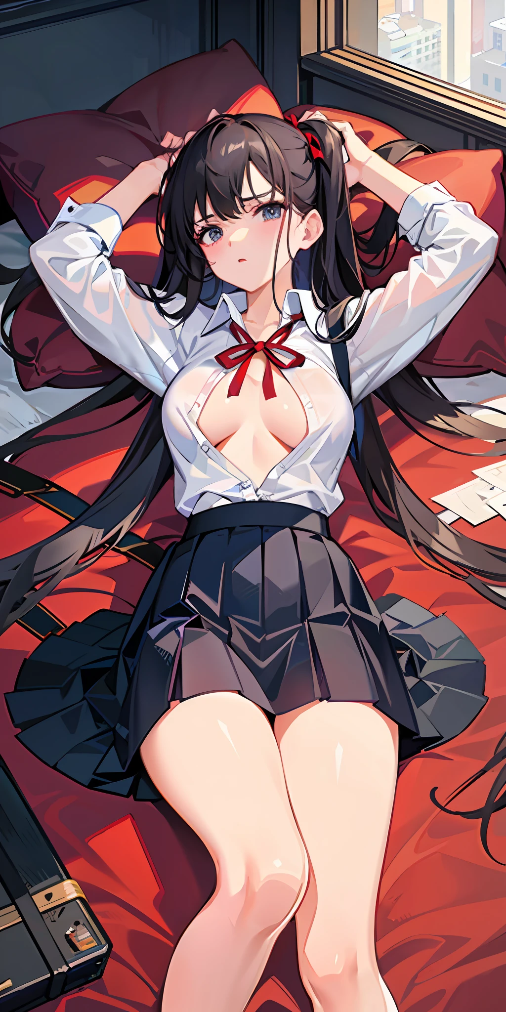 Masterpiece, top quality, high resolution, solo, indoors, white shirt, black skirt, red ribbon, undressed, plain bra, side tie thong, lying down, from above, open arms, angry, bed, disheveled Clothing, heavy breathing, sexual expressions
