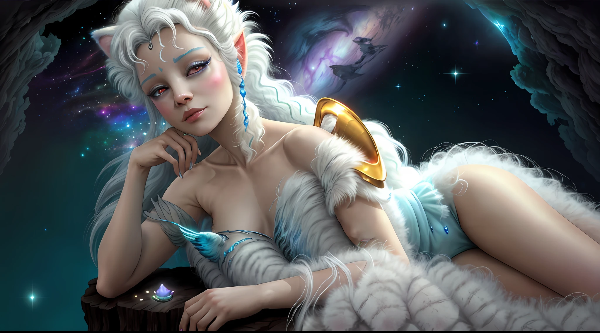 breathtaking masterpiece, best quality, highest quality, highly detailed, exquisite, award winning 8K digital painting of an ethereal and (incredibly beautiful female alien:1.4) with luminescent body parts that shimmer like stardust (lying gracefully on a steep cliff:1.2), casting a watchful gaze over (the galaxy:1.33), (a fluffy creature rests on her shoulder:1.8), intricate details, golden ratio, BaroqueAI, v0id3nergy, by Louis Royo