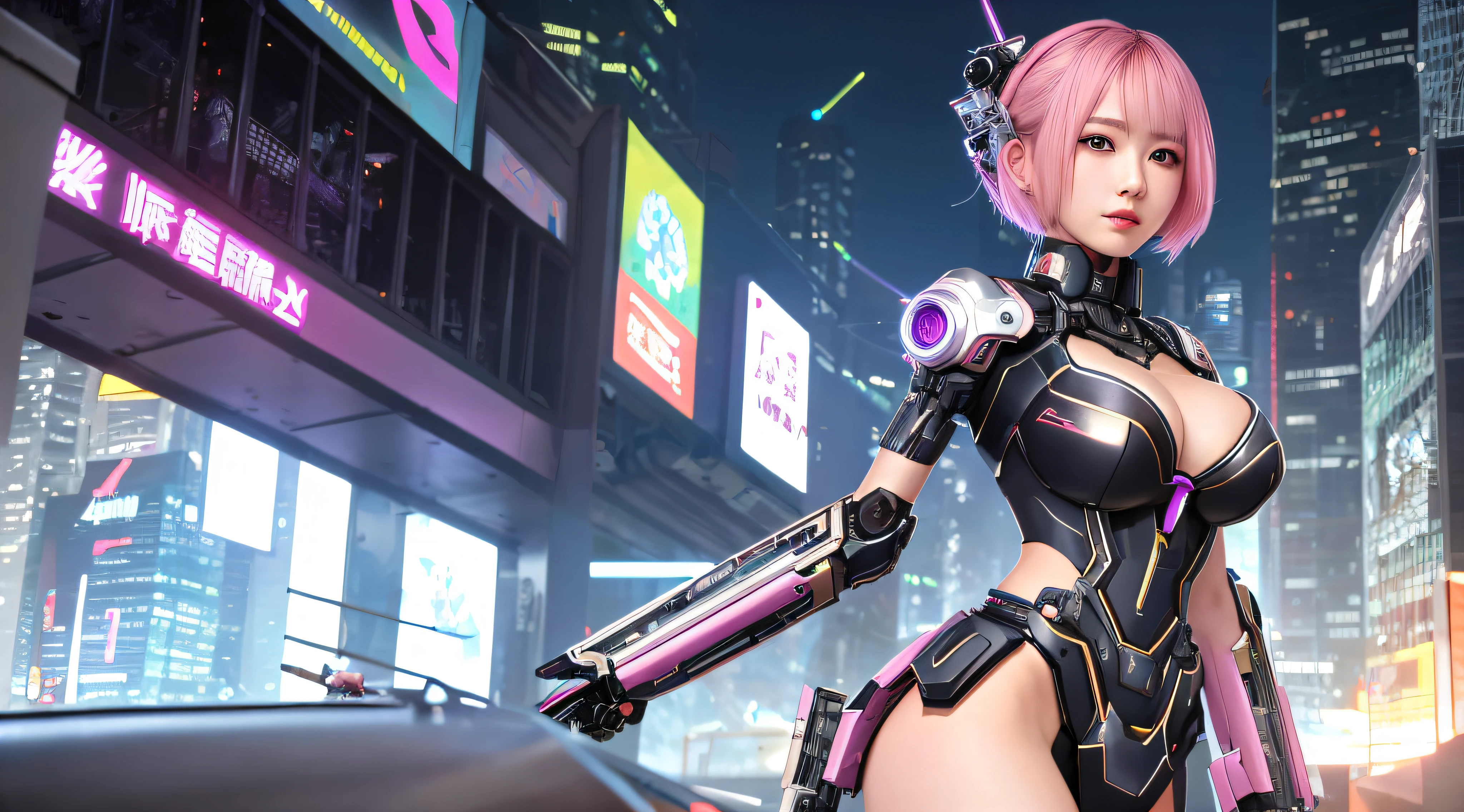 (8k, masterpiece, best quality), ultra-detailed, detailed beautiful round eyes, beautifully detailed face, high quality, high resolution, mecha girl wearing sexy outfit, massive breast, (see-through dress:1.2), mecha, ruins of city, perfect ass, perfect boobs, perfect face, perfect skin, nighttime, sexy body, pink hair, hands on, (short hair:1), female mecha, cyberpunk