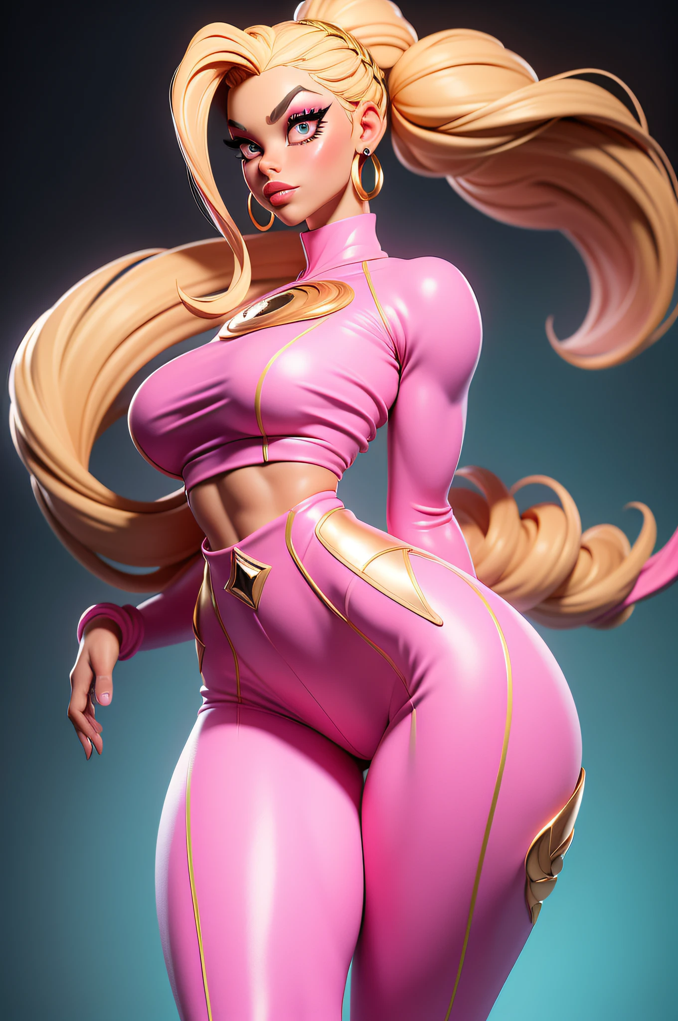 3dmm style, (Full body portrait), (masterpiece, top quality, best quality, blonde cornrows, realistic, downturned eyes, full lips, big lips, gothic makeup, black bandana, 1girl, best quality, intricate details, looking at viewer, ultra realistic 8k cg, picture perfect face, gold pupils, flawless, clean, masterpiece, professional artwork, famous artwork, film lighting, film Bloom, perfect face, beautiful face, beautiful eyes, skin spots, ((perfect female body, super-narrow waist, massive thighs)), (legs spread apart), ('pink and turquoise' 80's aerobics outfit)), fitted design, hoop earrings, double breasted, hot pink acrylic nails, White Nike AirForce Ones, gold accents,