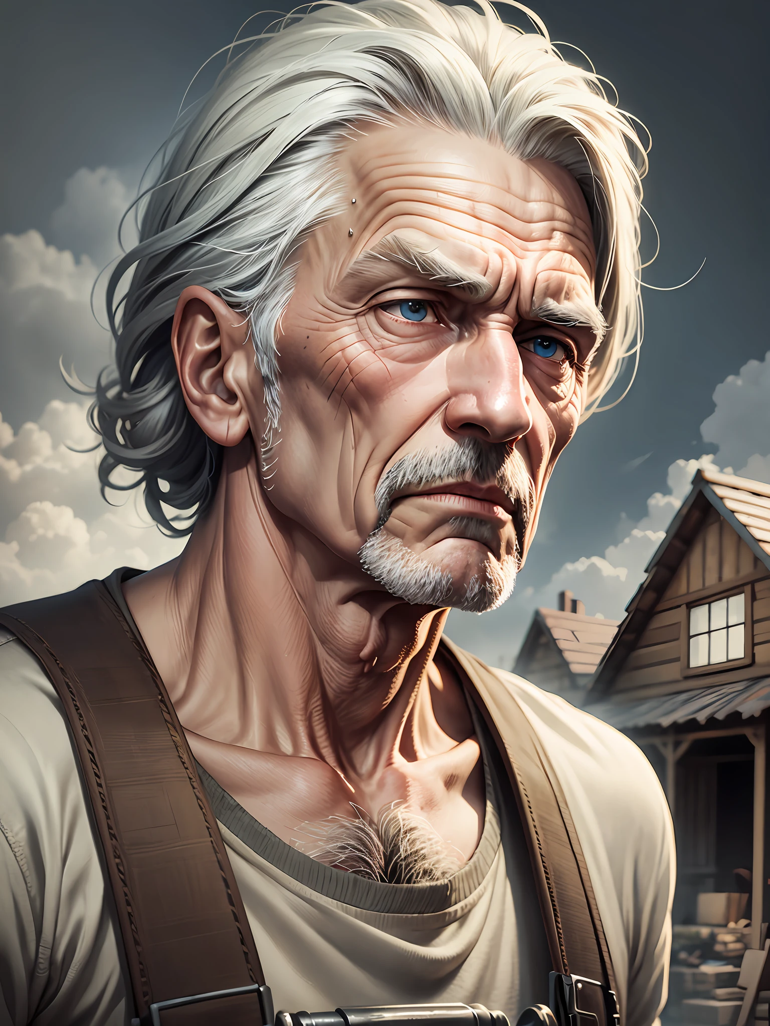 Skinny old man with hammer in hand,tired face,building house, ultra realistic --auto --s2