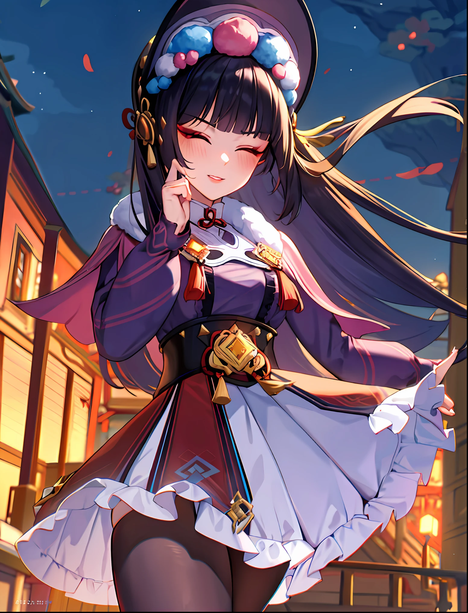 ((masterpiece:1.2)), best quality, pretty face, dramatic lighting,1girl, solo, blunt bangs, hime cut, black corset, black hair, collar, mascara, ((red eyeshadow)), long hair, sidelocks, floating hair, looking at viewer, (makeup), pink capelet, qi lolita, red eyes, puffy long sleeves, bonnet, purple dress, large breasts, underbust, parted lips, light smile, hand up, index finger raised, skirt, (purple pantyhose), Pantyhose Showing Panties, panties under pantyhose, underwear, wind blowing skirt, anime screencap, (night sky), east asian architecture, Liyue, tassel, black footwear, (closed eyes), genshin impact, boots,