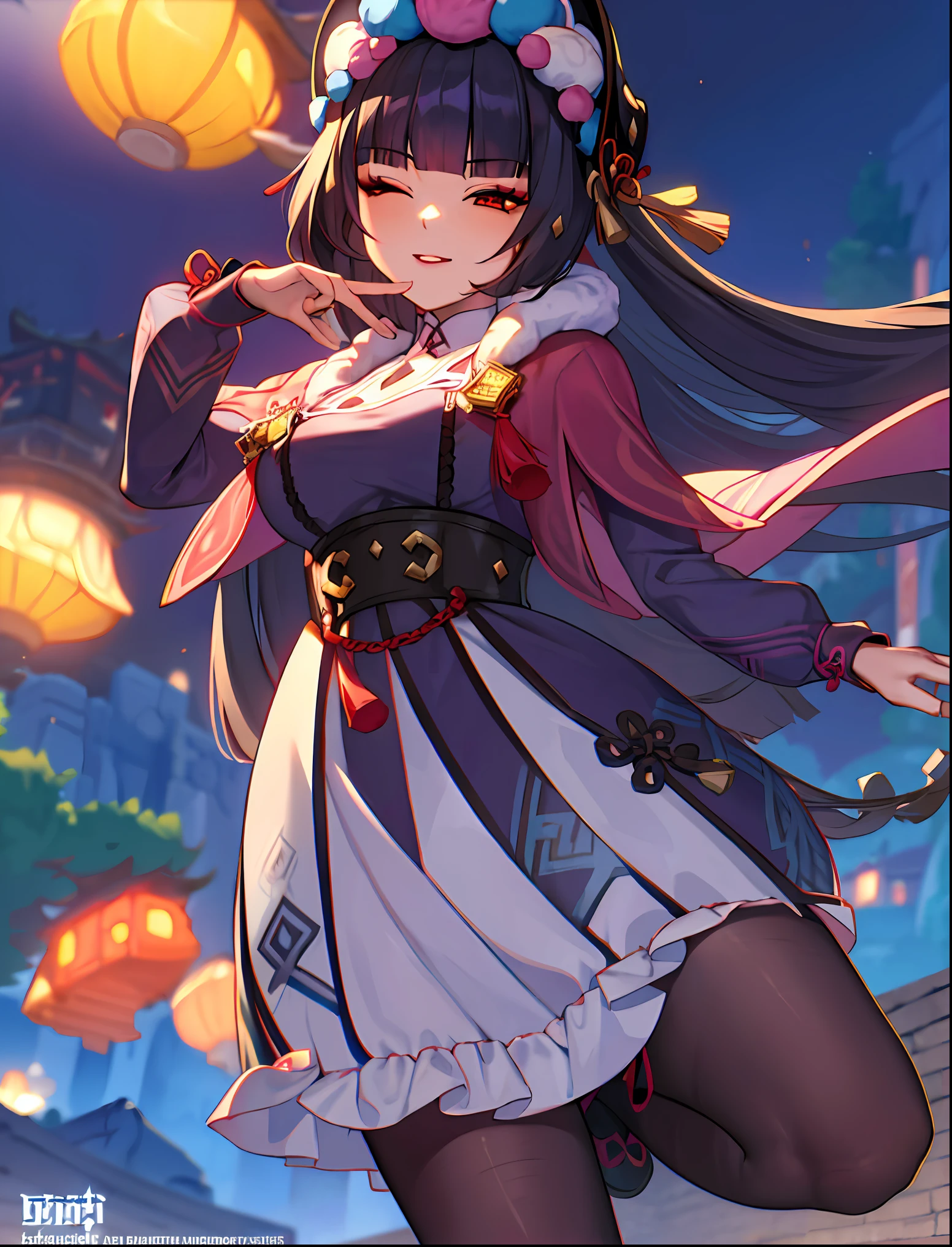 ((masterpiece:1.2)), best quality, pretty face, dramatic lighting,1girl, solo, blunt bangs, hime cut, black corset, black hair, collar, mascara, ((red eyeshadow)), long hair, sidelocks, floating hair, looking at viewer, (makeup), pink capelet, qi ****ta, red eyes, puffy long sleeves, bonnet, purple dress, large breasts, underbust, parted lips, light smile, hand up, index finger raised, skirt, (purple pantyhose), Pantyhose Showing Panties, panties under pantyhose, underwear, wind blowing skirt, anime screencap, (night sky), east asian architecture, Liyue, tassel, black footwear, (closed eyes), genshin impact, boots,