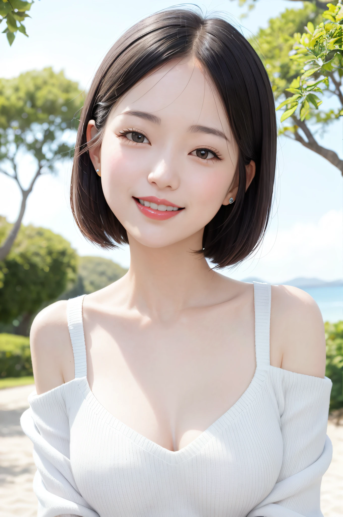 A japanese woman stands in a park in front of beach, exquisite and beautiful face, exquisite collarbone, seductive and delicate collarbone, charming fragrant shoulders, shoulders slightly exposed, open-shoulder long sweater,sky blue sweater, pretty face, (peach Red lips:1.1), tender and smooth skin,(white skin:1.6),(black hair:1.15),(bob hair:1.2), short hair,(smile:1.2),smile with teeth, white teeth,very realistic details, ultra-high resolution,bokeh,outstanding details, full body