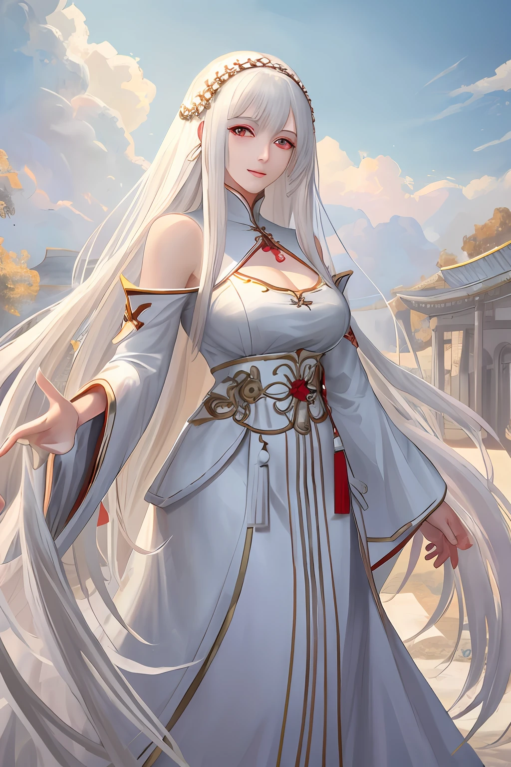 (masterpiece, best quality), 1girl, mature female, long white hair, white clothes, bare shoulder, gchinese clothes, red eyes, big eyes, light smile, tall figure, divine, godlike, goddess, immortal, cowboy shot, detailed background, heaven palace, outdoor, godrays, sunbeams,