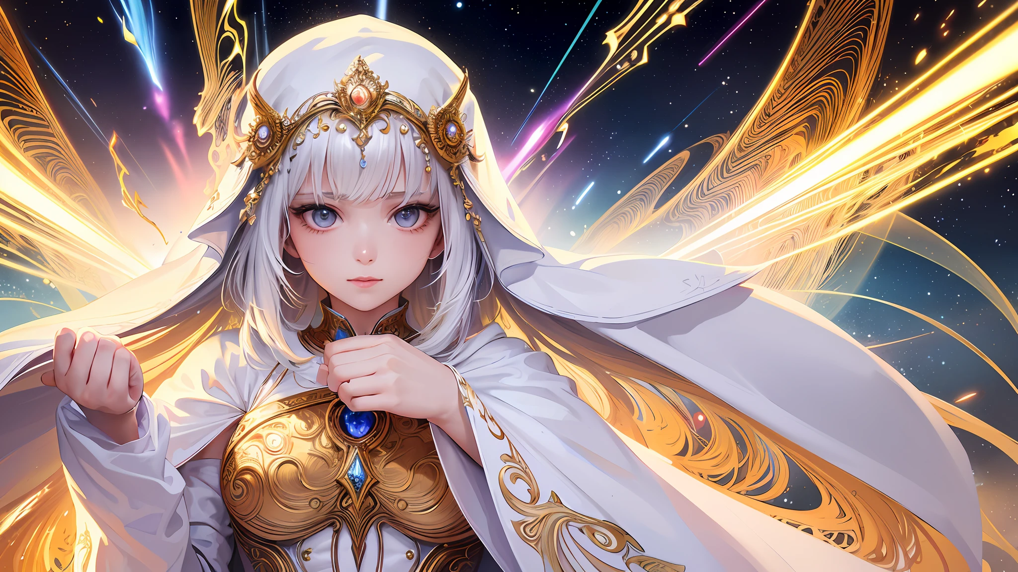 (masterpiece, top quality, best quality, official art, beautiful and aesthetic:1.2), (1girl), extreme detailed, (fractal art:1.3), colorful, highest detailed, perfect face, upper body, HDR, (praying:1.3), (white cloak golden lines:1.2), galaxy, (light streaks), striking visuals, (dynamic streaks, luminous trails:1.2), vibrant colors,