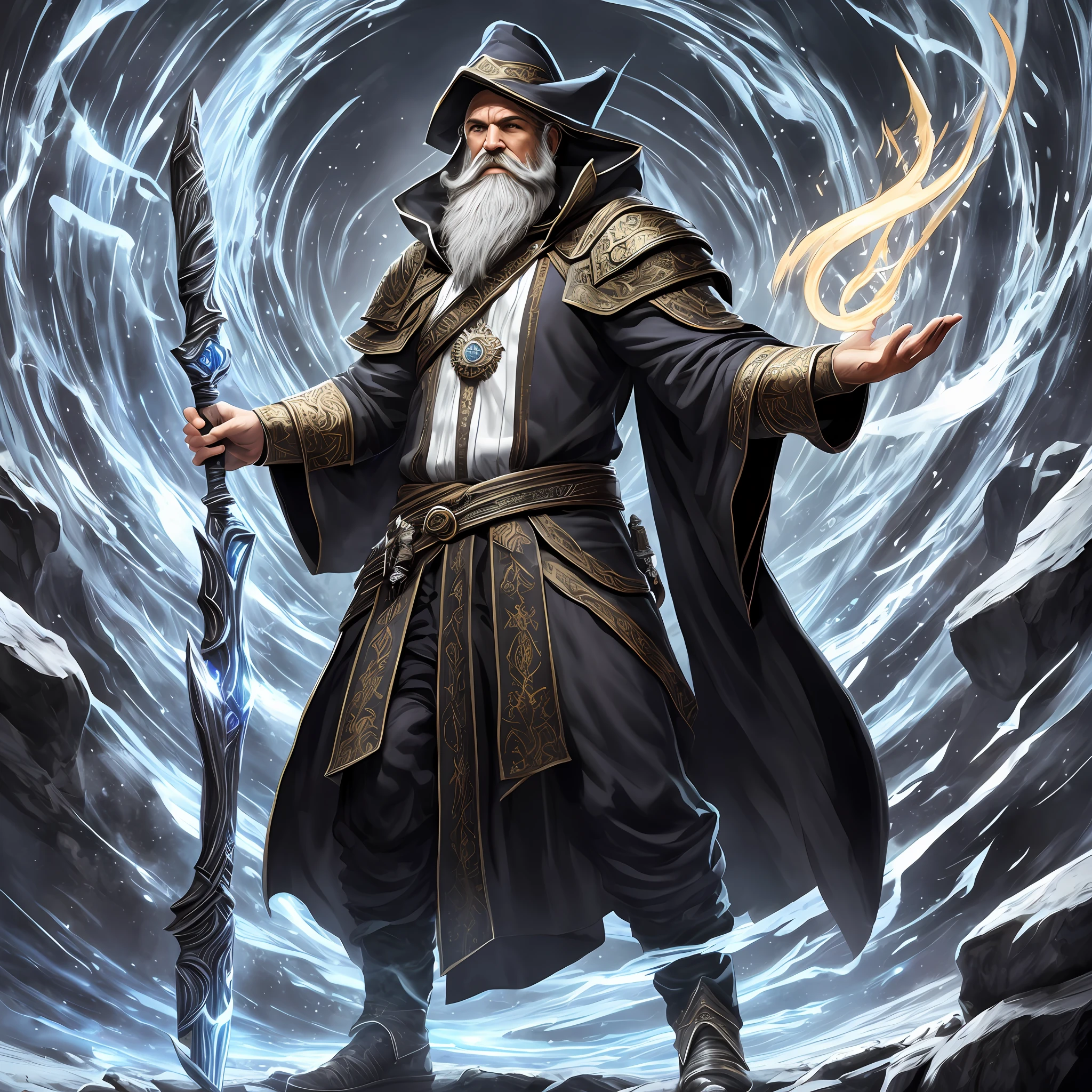 full body, solo, 8k, high quality, ultra realistic, ancient mage, power on his staff, wizard outfit, black and white beard, bright eyes, masterpiece, depth, realistic, midjourney style.