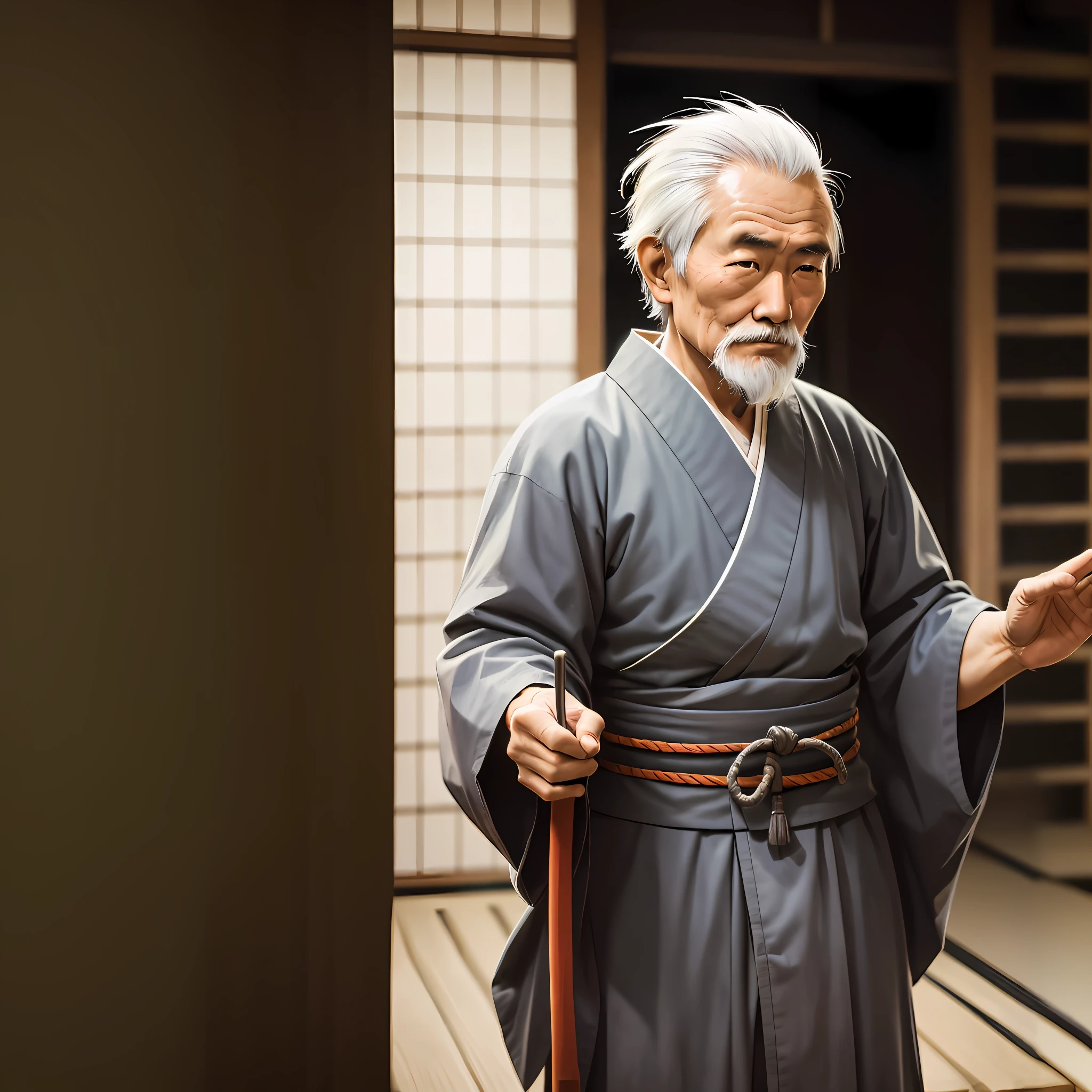 Homem arafed em um manto cinza parado em uma porta, vestido com velho uniforme samurai, inspired by Kanō Sanraku, foto de retrato samurai, ancient japanese samurai, inspired by Kōshirō Onchi, japanese samurai, Retrato frontal do samurai, ancient japanese monk, inspired by Kanō Tanshin, Retrato de um samurai