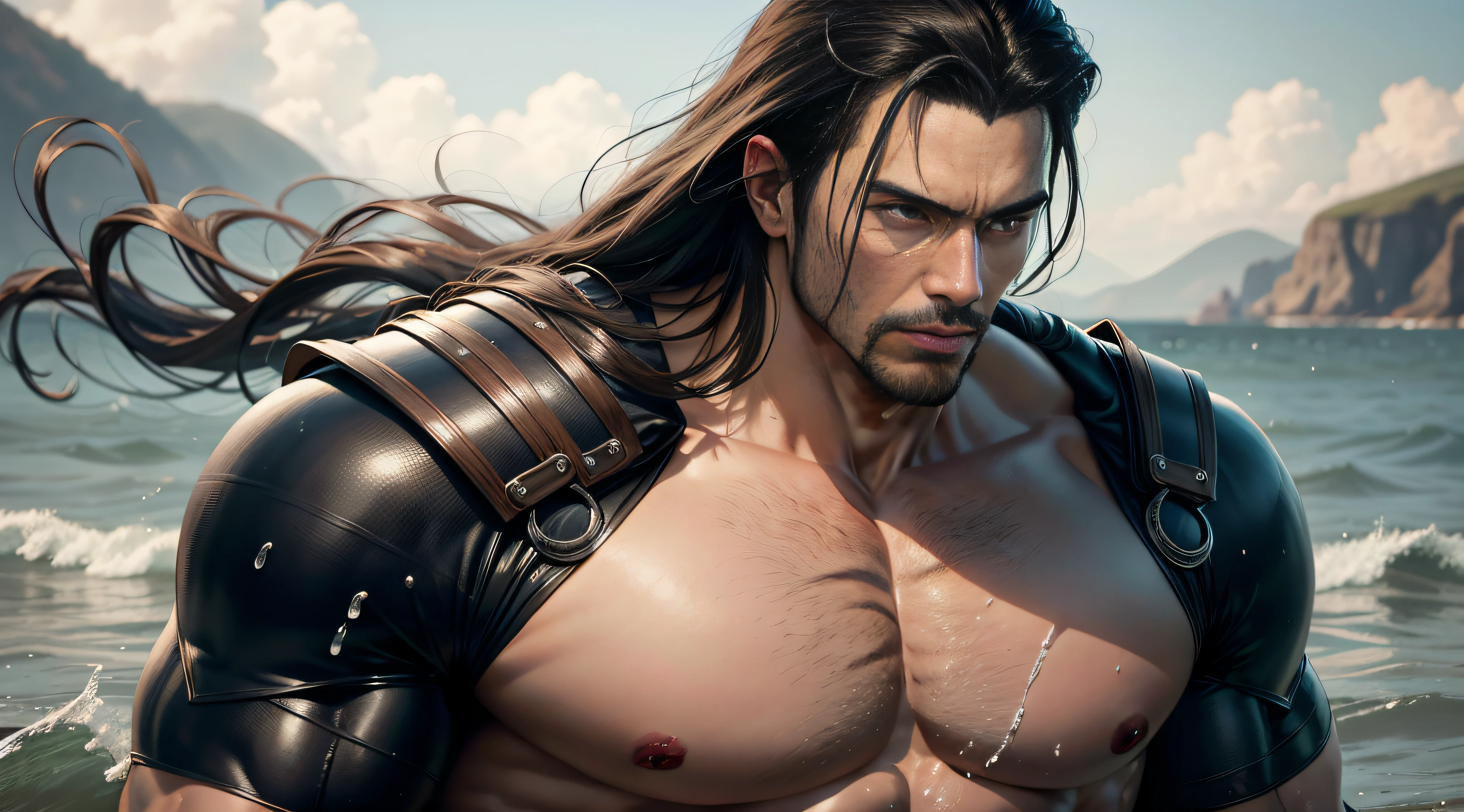 muscular guy，waterside，Super top，8k，a masterpiece，Top Quality，length hair，Drifting in the wind，Realistic approximation of a real person，White samurai suit，A slightly melancholic temperament，black leather，Top handsome guys，Slightly leaky chest，Fine face，Fine hands，Complex composition，The face resembles a flyaway