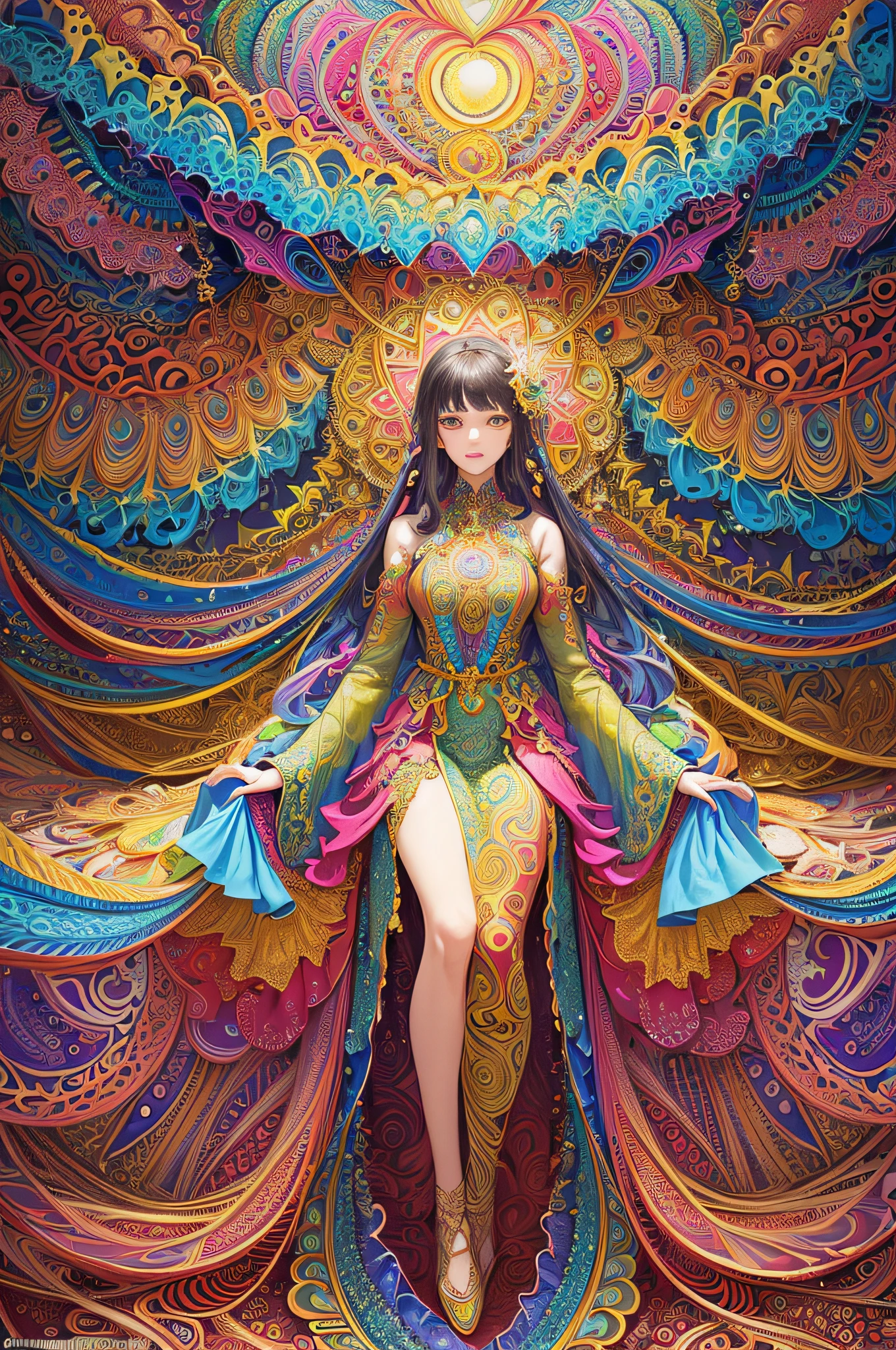 (masterpiece, top quality, best quality, official art, beautiful and aesthetic:1.2), (1girl:1.3), extremely detailed,(fractal art:1.2),colorful,highest detailed,(zentangle:1.2), (dynamic pose), (abstract background:1.5), (treditional dress:1.2), (shiny skin), (many colors:1.4), upper body