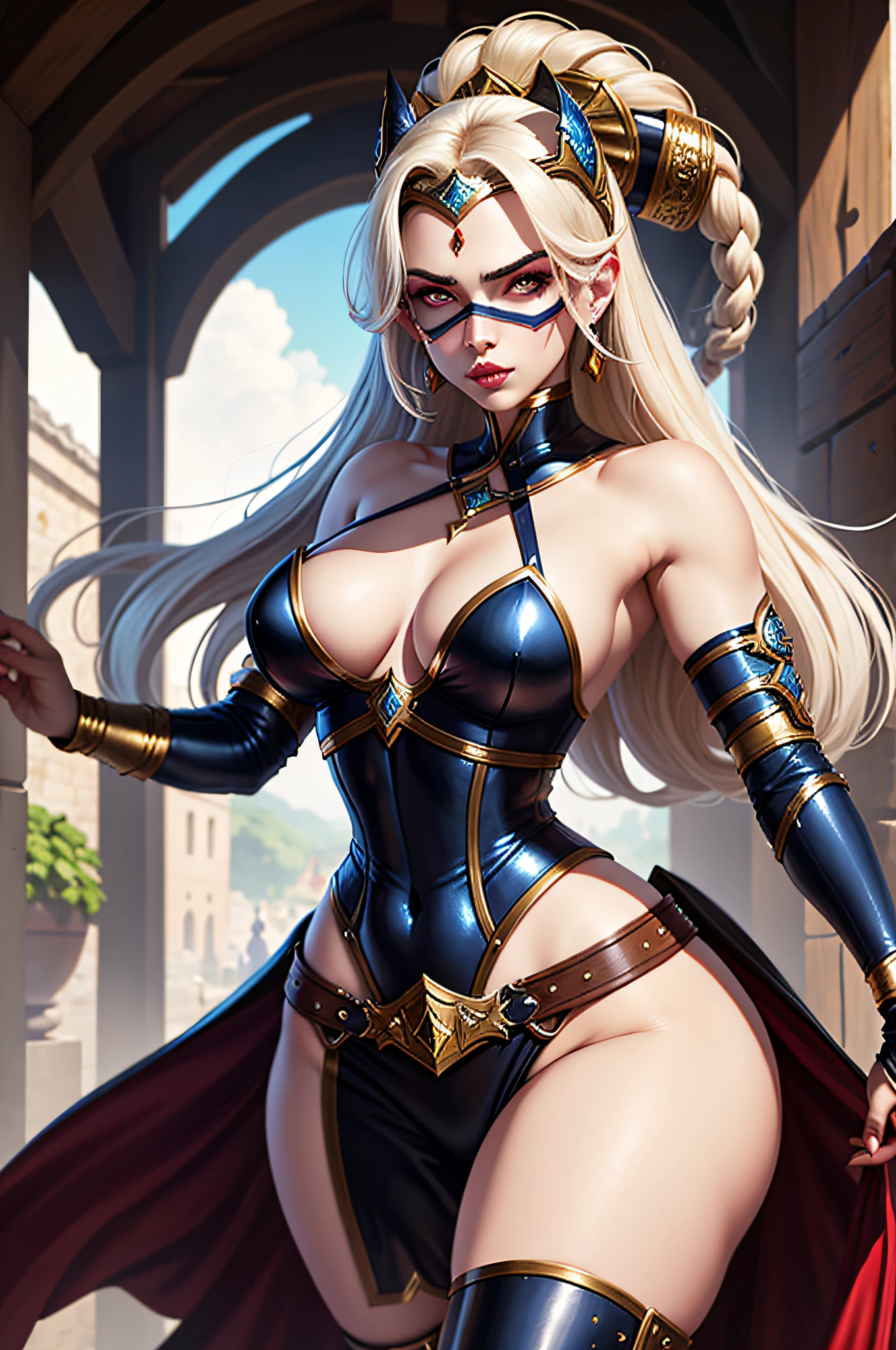 Woman girl sexy girl, cabelos brancos e curtos, corpo completamente coberto por uma armadura de RPG assassino medieval, seio grandes, espartilho, Punhais, mask, sexy, casta, olhos vermelho