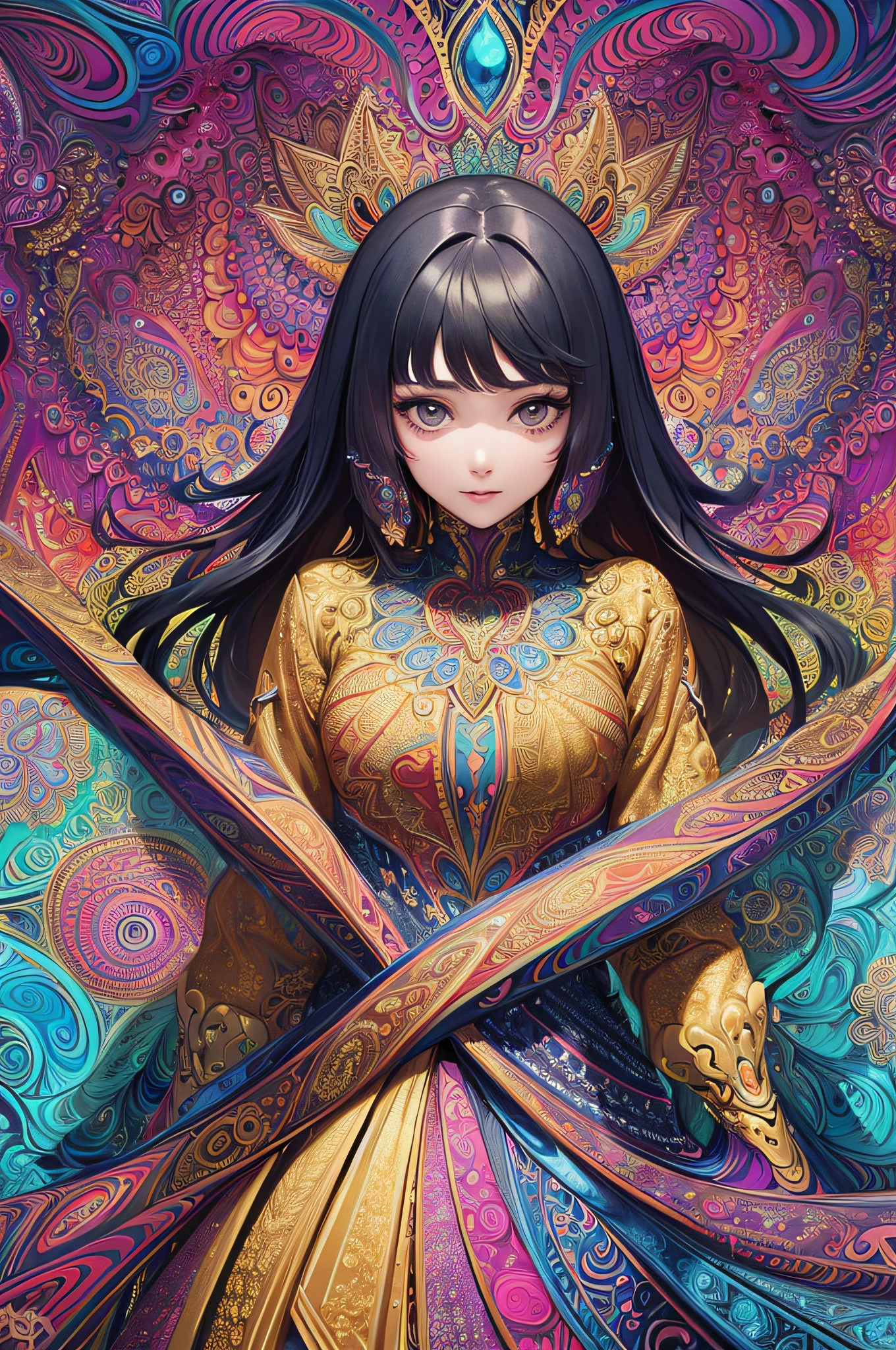 (masterpiece, top quality, best quality, official art, beautiful and aesthetic:1.2), (1girl:1.3), extremely detailed,(fractal art:1.2),colorful,highest detailed,(zentangle:1.2), (dynamic pose), (abstract background:1.5), (treditional dress:1.2), (shiny skin), (many colors:1.4), upper body