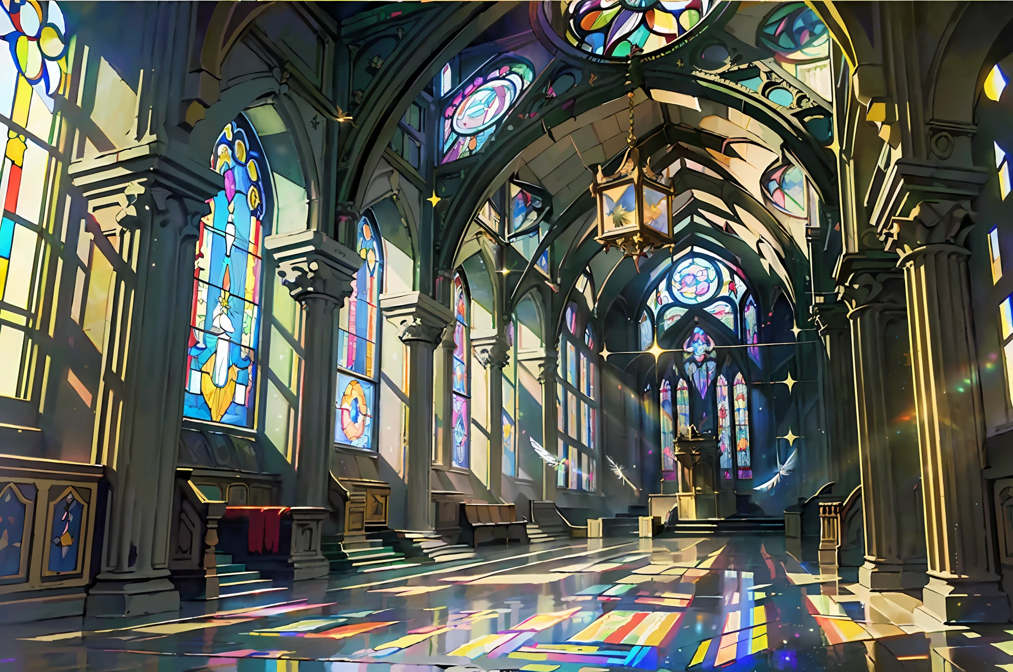((Masterpiece: 1.4, Best Quality)), ((Masterpiece, Best Quality)), (Ruined Church: 1.2), (Fragments: 1.2), (Stained Glass: 1.3), Pillar, Canopy, Izuku Midoriya, (Light Particle), (Feather: 1.3), (Faint Sunlight Coming Through the Window), Dark Atmosphere, (Beholder: 1.3), Cowboy Sho