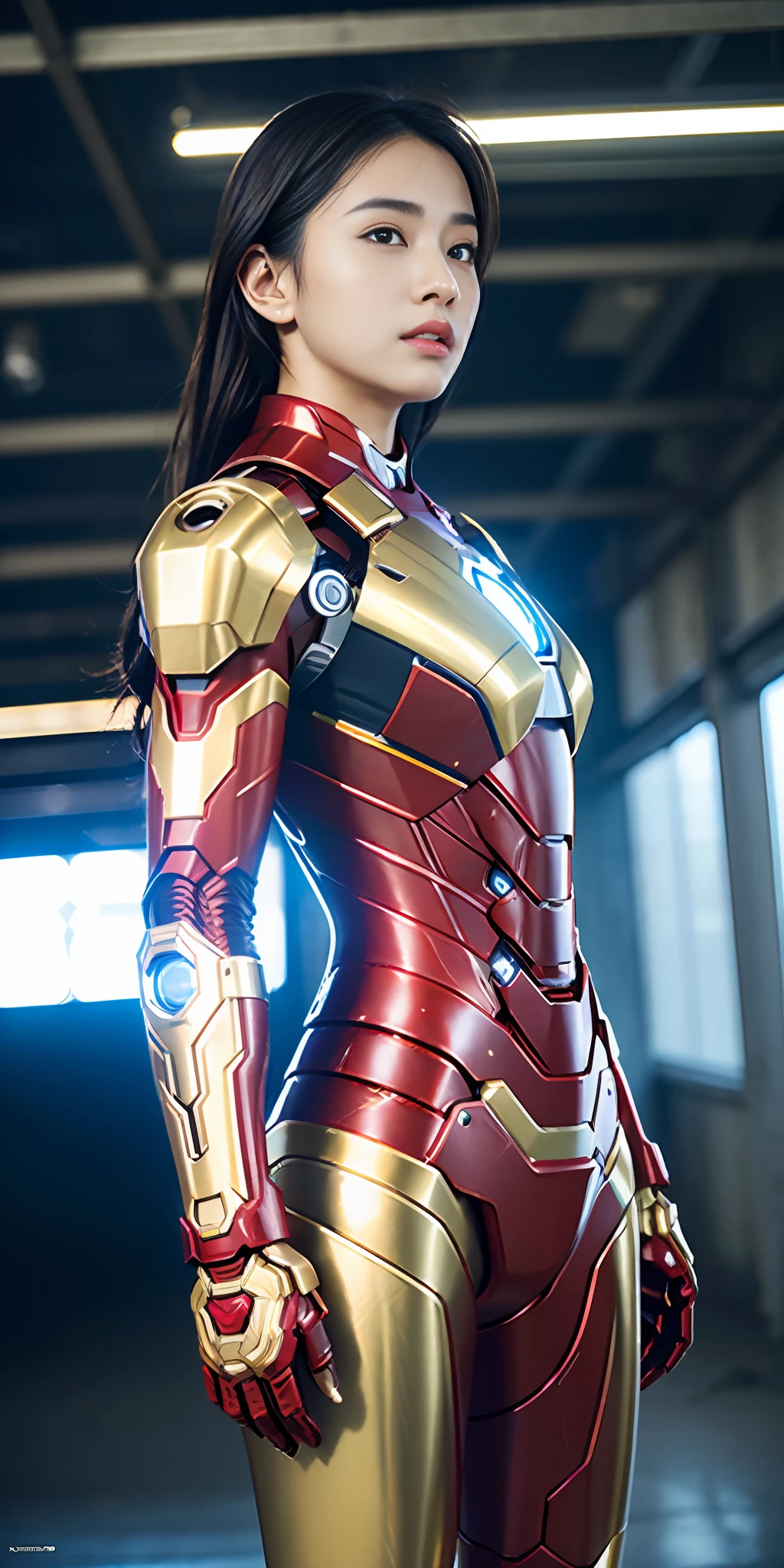 RAW, Masterpiece, Ultra Fine Photo,, Best Quality, Ultra High Resolution, Photorealistic, Sunlight, Full Body Portrait, Stunningly Beautiful,, Dynamic Poses, Delicate Face, Vibrant Eyes, (Side View) , she is wearing a futuristic Iron Man mech, red and gold color scheme, highly detailed abandoned warehouse background, detailed face, detailed and complex busy background, messy, gorgeous, milky white, high detailed skin, realistic skin details, visible pores , sharp focus, volumetric fog, 8k uhd, dslr camera, high quality, film grain, fair skin, photorealism, lomography, sprawling metropolis in futuristic dystopia, view from below, translucent