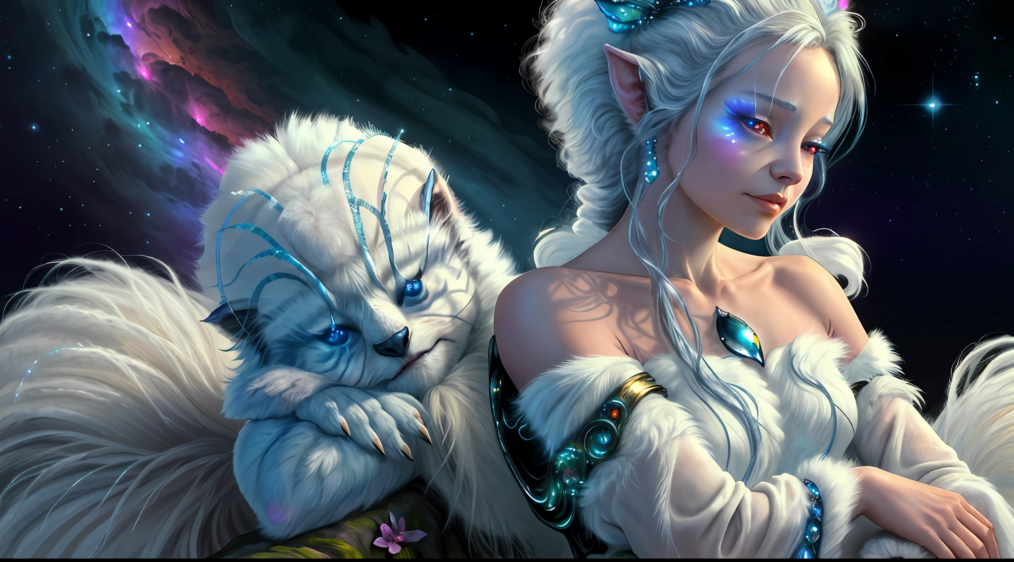 breathtaking masterpiece, best quality, highest quality, highly detailed, exquisite, award winning 8K digital painting of an ethereal and (incredibly beautiful female alien:1.4) with luminescent body parts that shimmer like stardust (lying gracefully on a steep cliff:1.2), casting a watchful gaze over (the galaxy:1.33), (a fluffy creature rests on her shoulder:1.8), intricate details, golden ratio, BaroqueAI, v0id3nergy, by Louis Royo