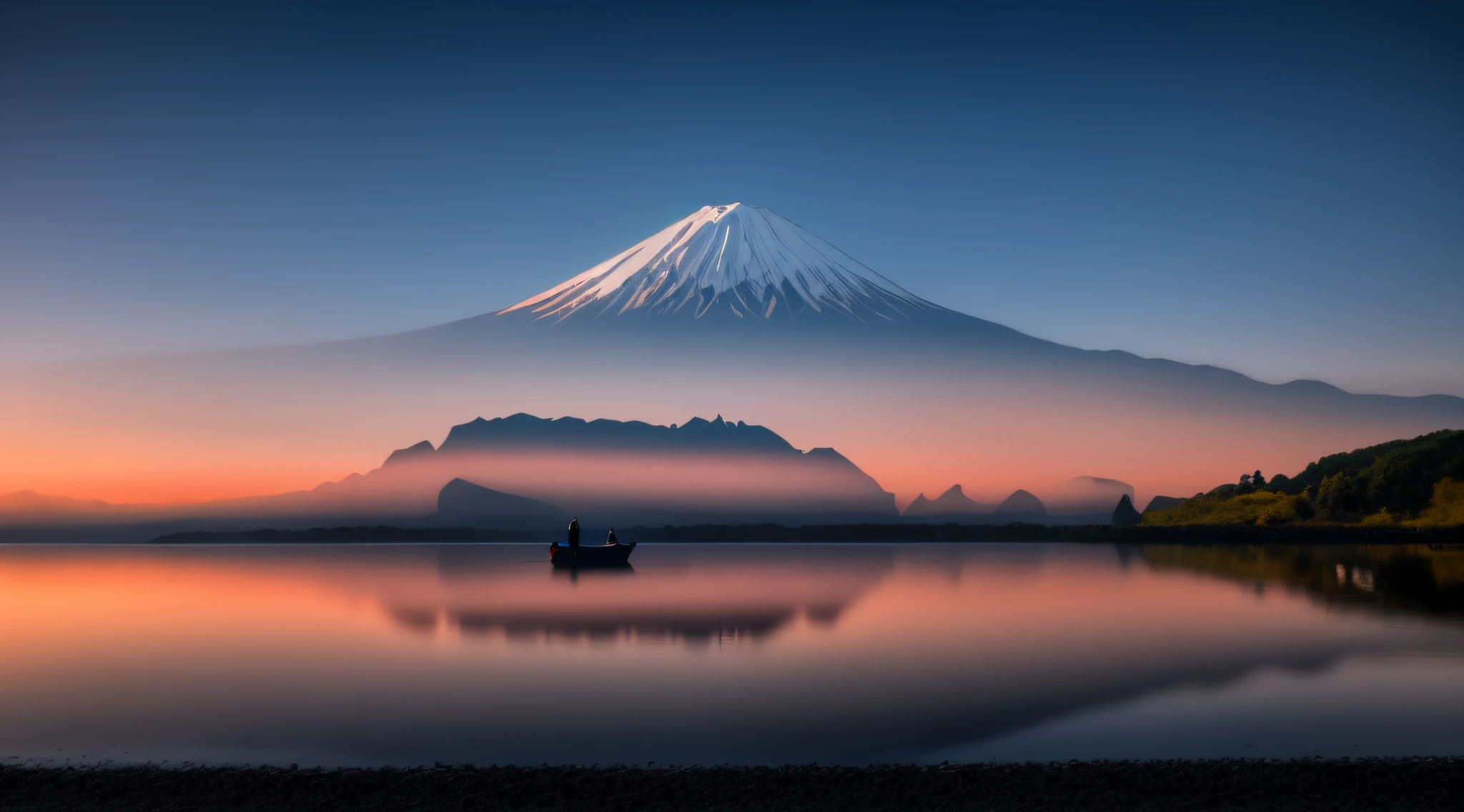 arafed mountain with a person in a boat on a lake, reflecting mount fuji, mount fuji, japan deeper travel exploration, japanese landscape, japan mountains, mount fuji background, mt. fuji, mount fuji in the background, japan nature, lake kawaguchi, mount fuji in the background, mount fuji in the background, japan travel and adventure, an amazing landscape image --auto --s2