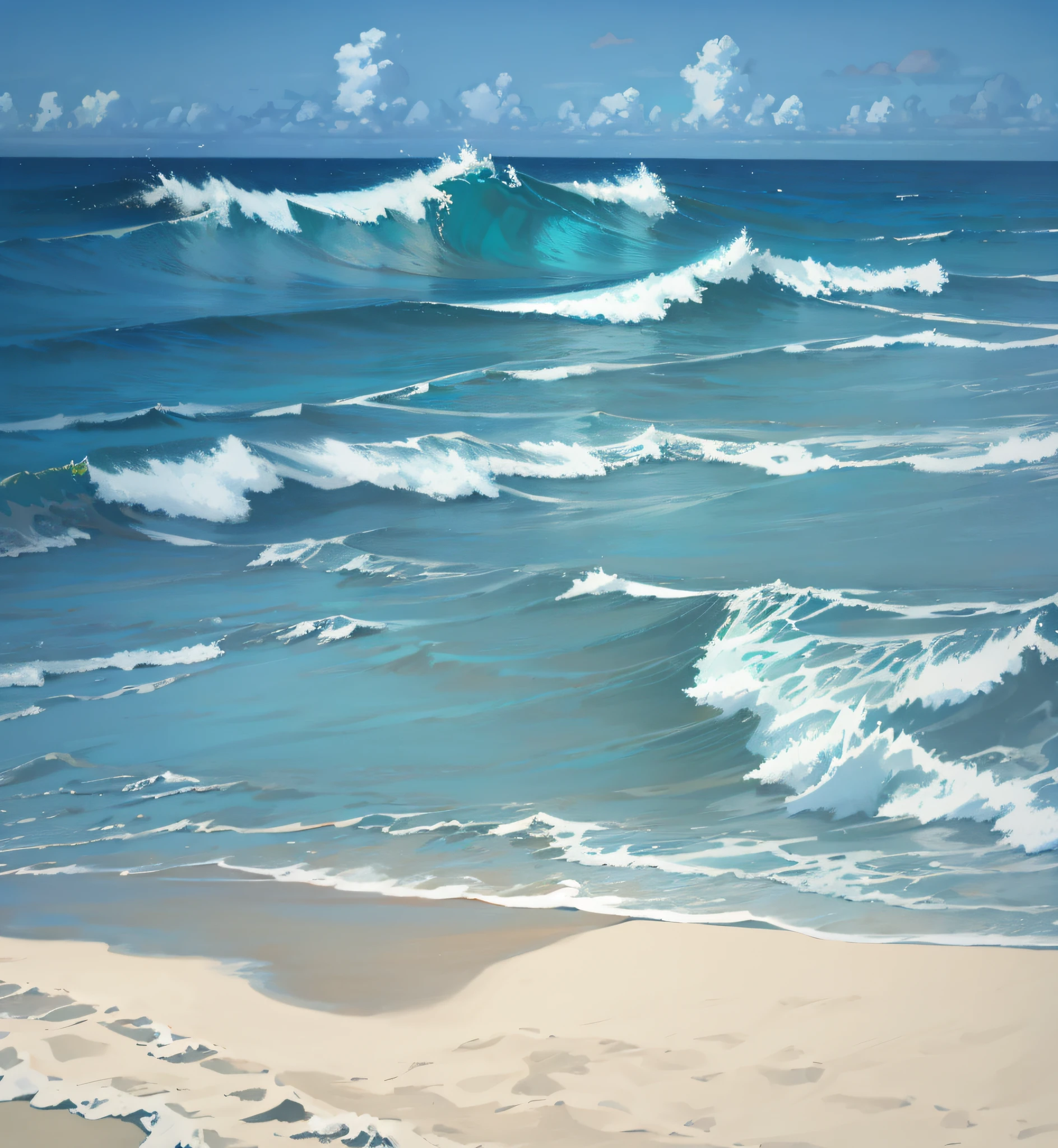 A beach painting,The waves are coming, detailed sea, azure waves of water, sea waves, wallpaper anime blue water, sea background, sea background, azure ocean, Ocean,, sketch of an ocean in ms paint, beach background, beautiful ocean, blue sea, detailed digital painting, detailed digital illustration, Book,, lots of ocean, realistic ocean, seashore