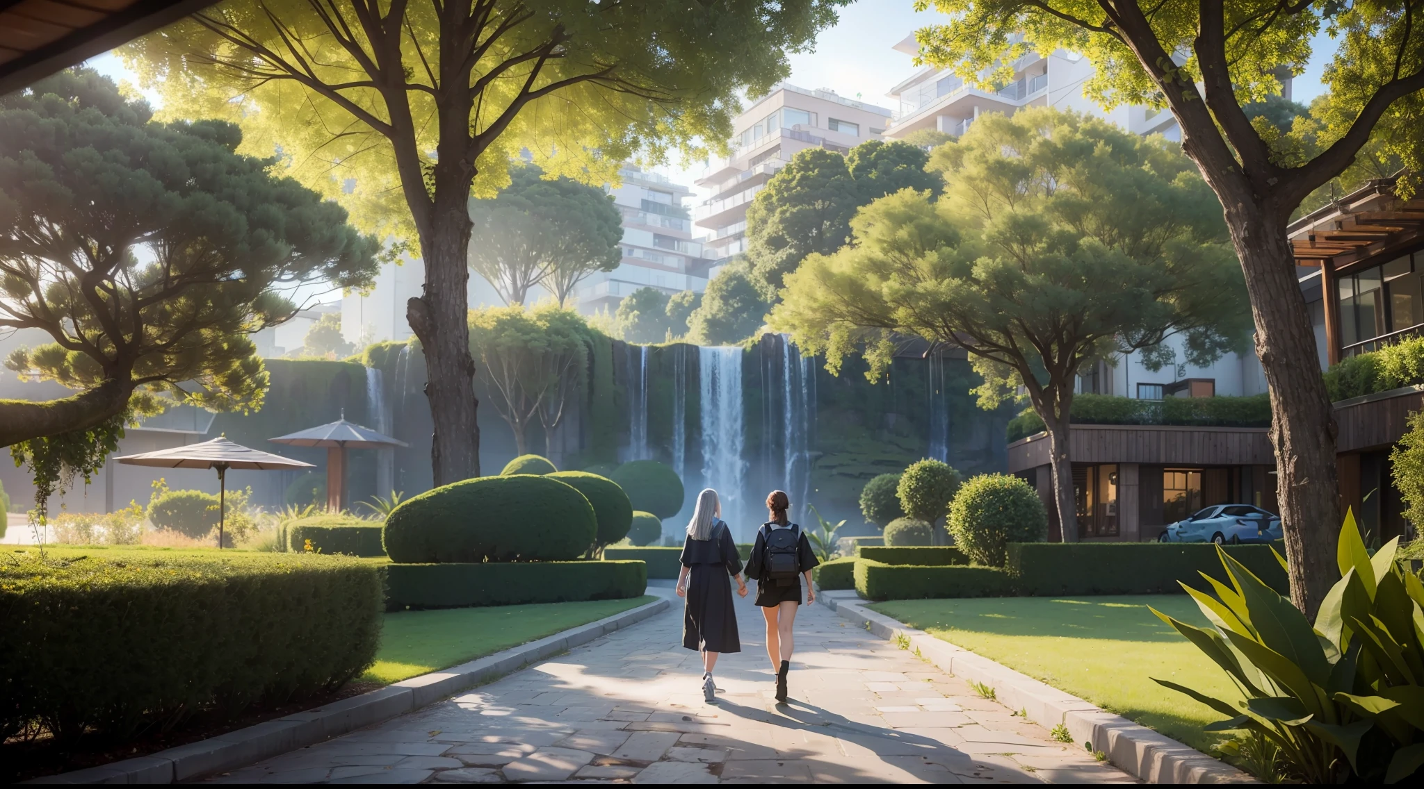 realistic solarpunk utopian community, lots of trees and plants, cityscape, high terrace, hills, dawn, photorealistic art, sci-fi, awesome, lots of light, hyperrealistic, award-winning masterpiece with incredible detail, no artifacts, extremely detailed, rigid , refraction, shallow depth of field, volumetric light and shadow, ray tracing, light rays, 8k