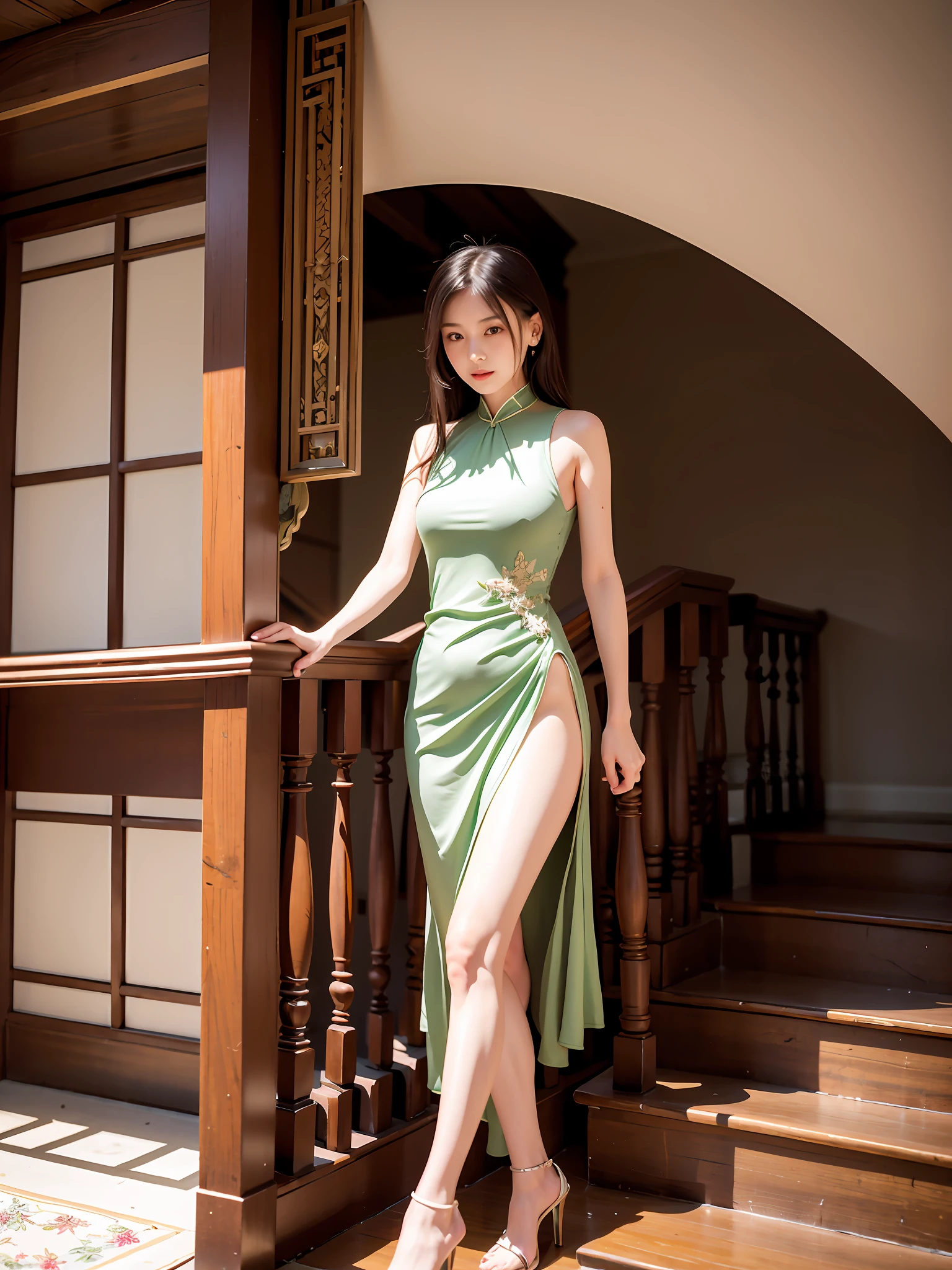 Arad woman in dress standing on a wooden staircase, light half opened dress, luxury dress, opened dress, elegant dress, Cotton dress, long dress, wearing an elegant dress, vine dress, light green dress, Gorgeous young Chinese woman, sexy dress, dress