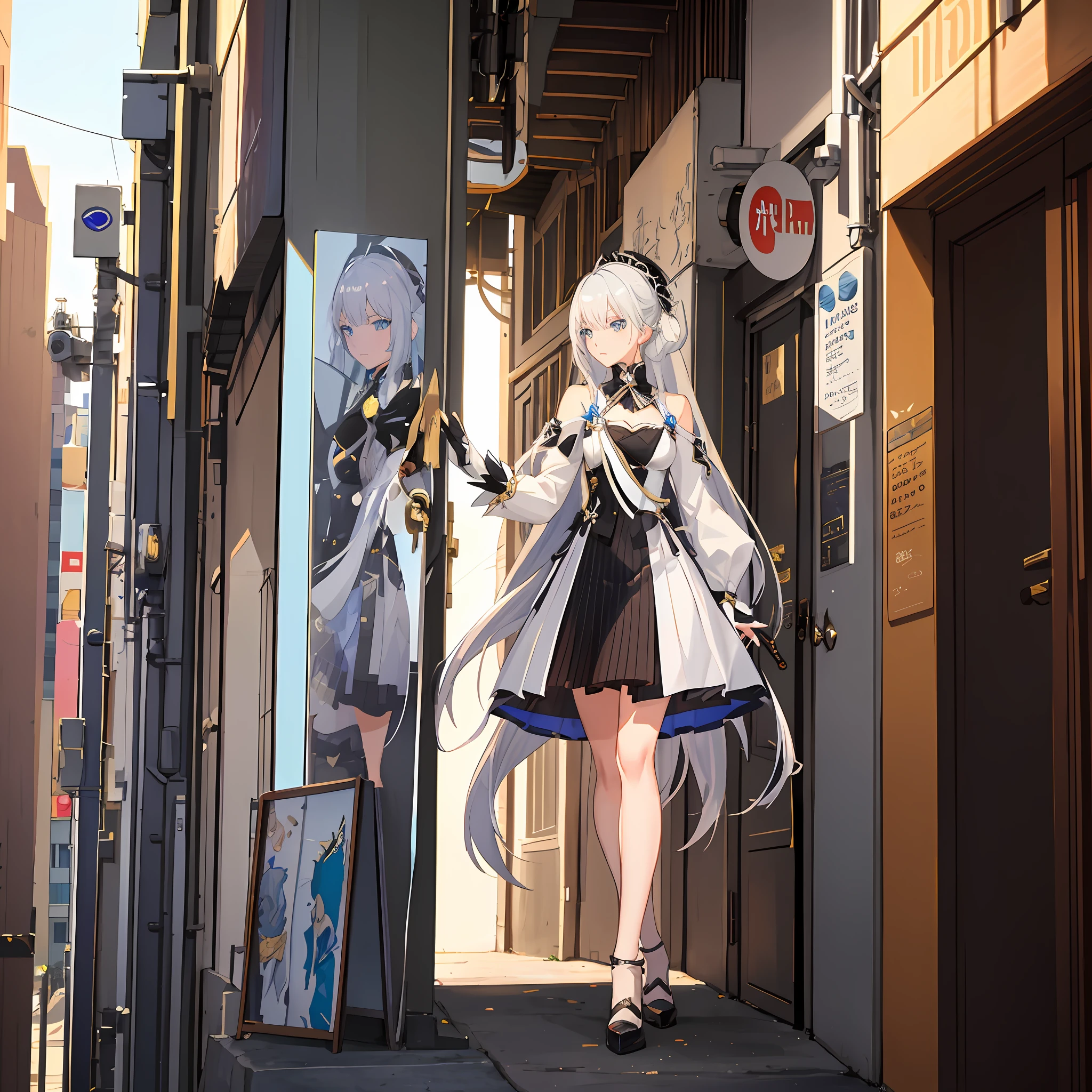 anime girl with white hair and blue eyes in a city, shadowverse style, portrait knights of zodiac girl, inspired by Li Chevalier, portrait of a female anime hero, nier autoamata, from girls frontline, silver haired, white haired, gray haired, girls frontline style, anime in fantasy style, cyborg - girl with silver hair, fus rei
