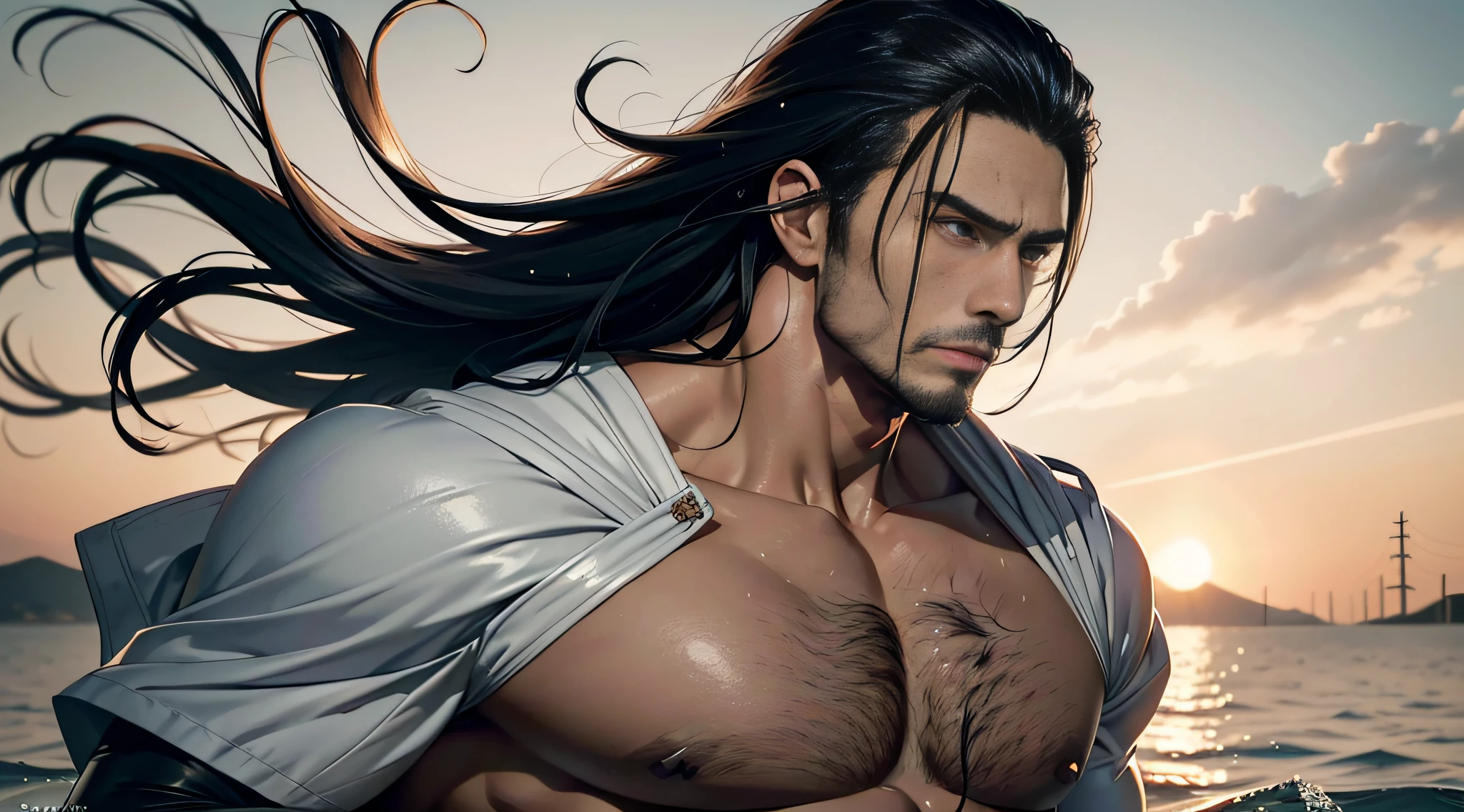 muscular guy，waterside，Super top，8k，a masterpiece，Top Quality，length hair，Drifting in the wind，Realistic approximation of a real person，White samurai suit，A slightly melancholic temperament，black leather，Top handsome guys，Slightly leaky chest，Fine face，Fine hands，Complex composition，The face resembles a flyaway