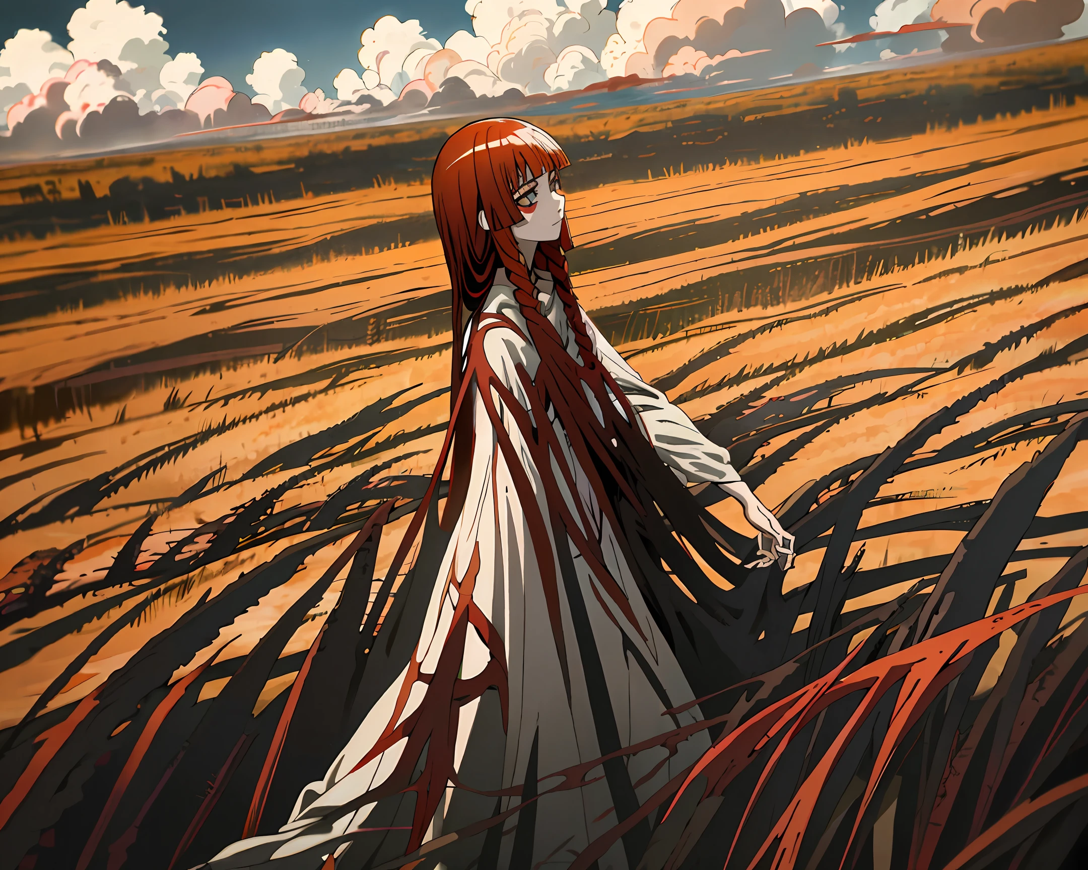 a beautiful young girl with red braids, anime, full body, horror, broken, sunflower field, distorted, sky, fog, smoke, dust, blasphemous God from the Outer Universe, shadow creatures, Junji Ito, beautiful gradation, masterpiece, ultra high res, high quality, cinematic lighting