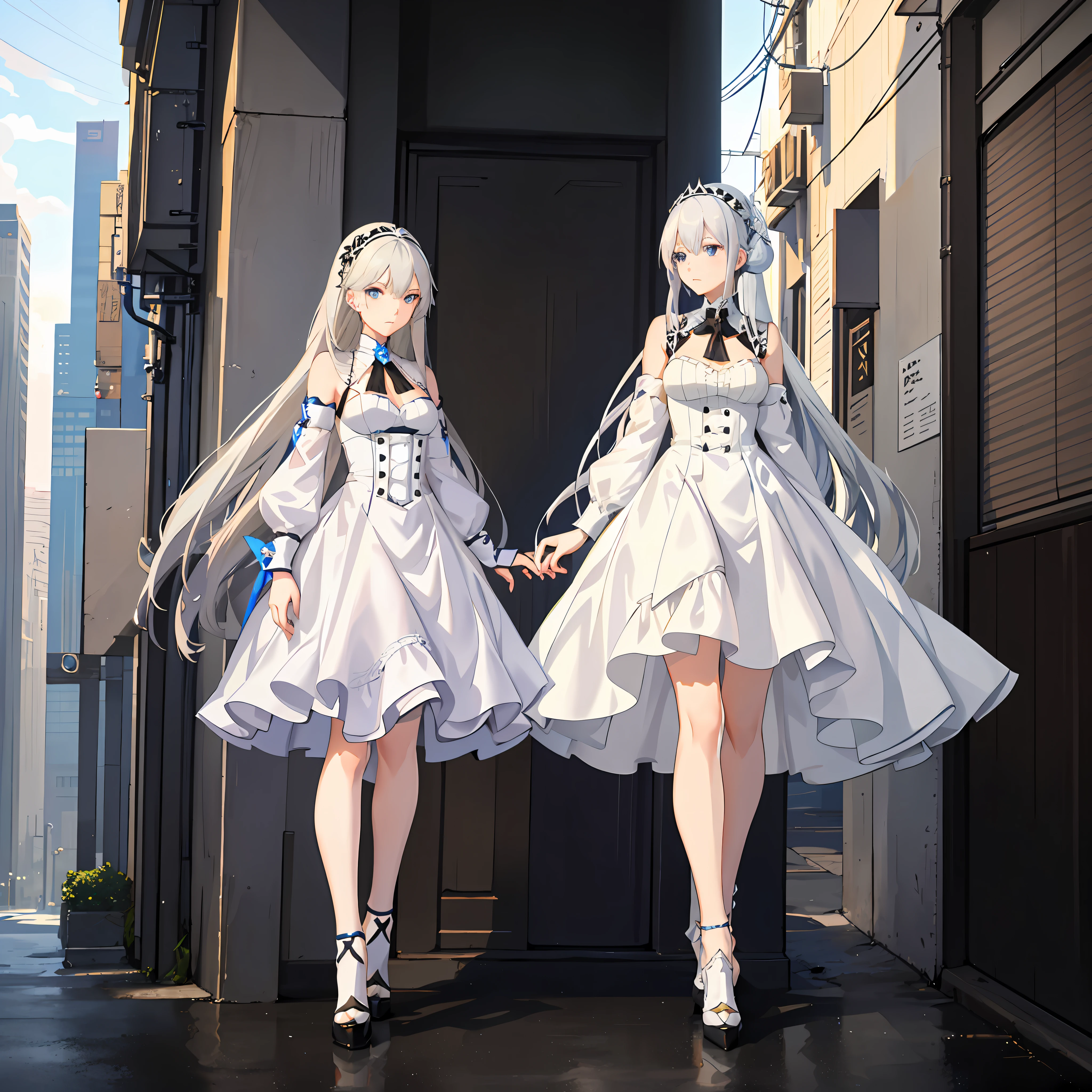 anime girl with white hair and blue eyes in a city, shadowverse style, portrait knights of zodiac girl, inspired by Li Chevalier, portrait of a female anime hero, nier autoamata, from girls frontline, silver haired, white haired, gray haired, girls frontline style, anime in fantasy style, cyborg - girl with silver hair, fus rei