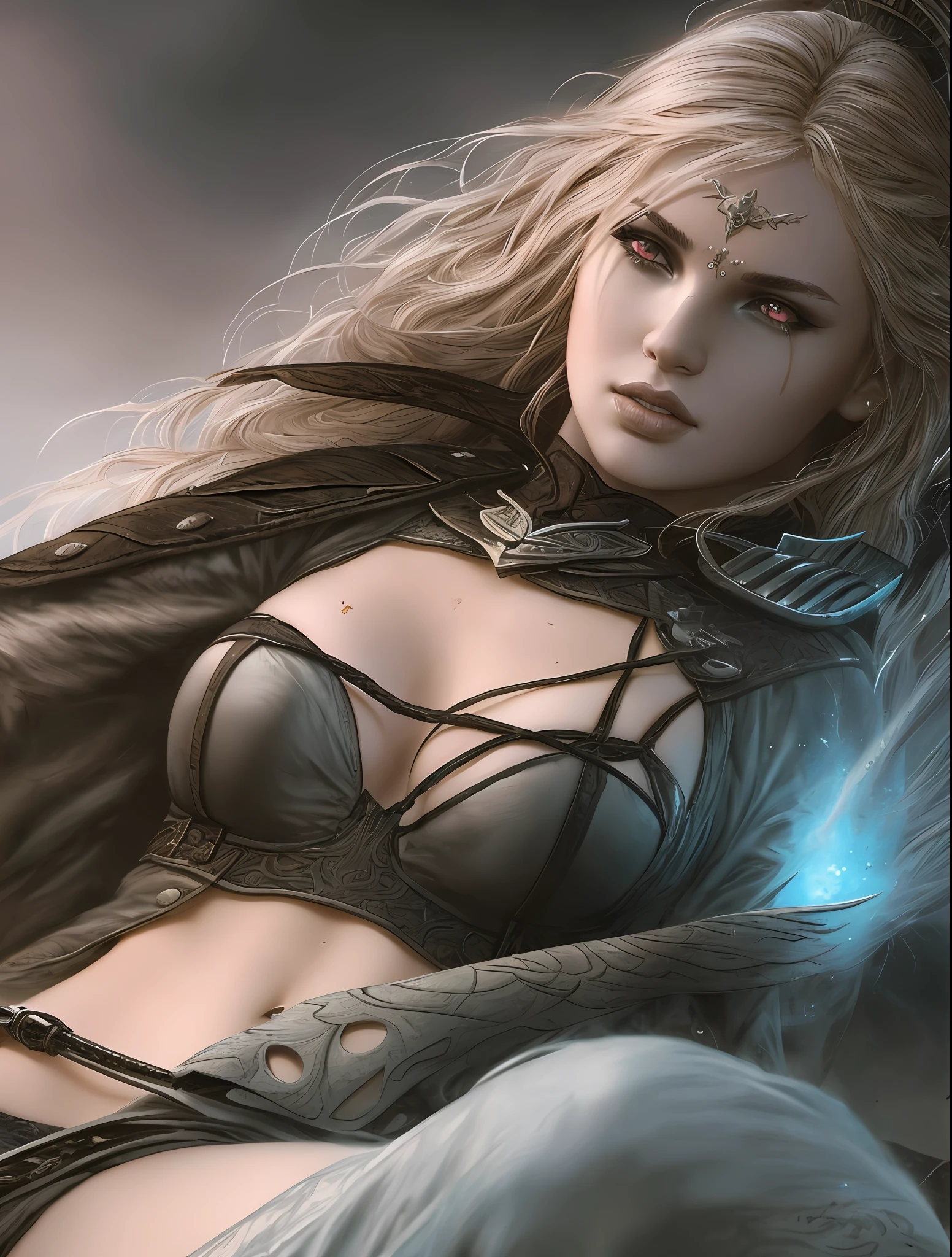 a woman, blonde, warrior, lustful (Extremely Detailed Oil Painting:1.2), glow effects, godrays, Hand drawn, render, 8k, octane render, cinema 4d, blender, dark, atmospheric 4k ultra detailed, cinematic sensual, Sharp focus, sexy illustration, sensitive posing, big depth of field, Masterpiece, colors, 3d octane render, 4k, concept art, trending on artstation, hyperrealistic, Vivid colors, extremely detailed CG unity 8k wallpaper, trending on ArtStation, trending on CGSociety, Intricate, High Detail, dramatic
