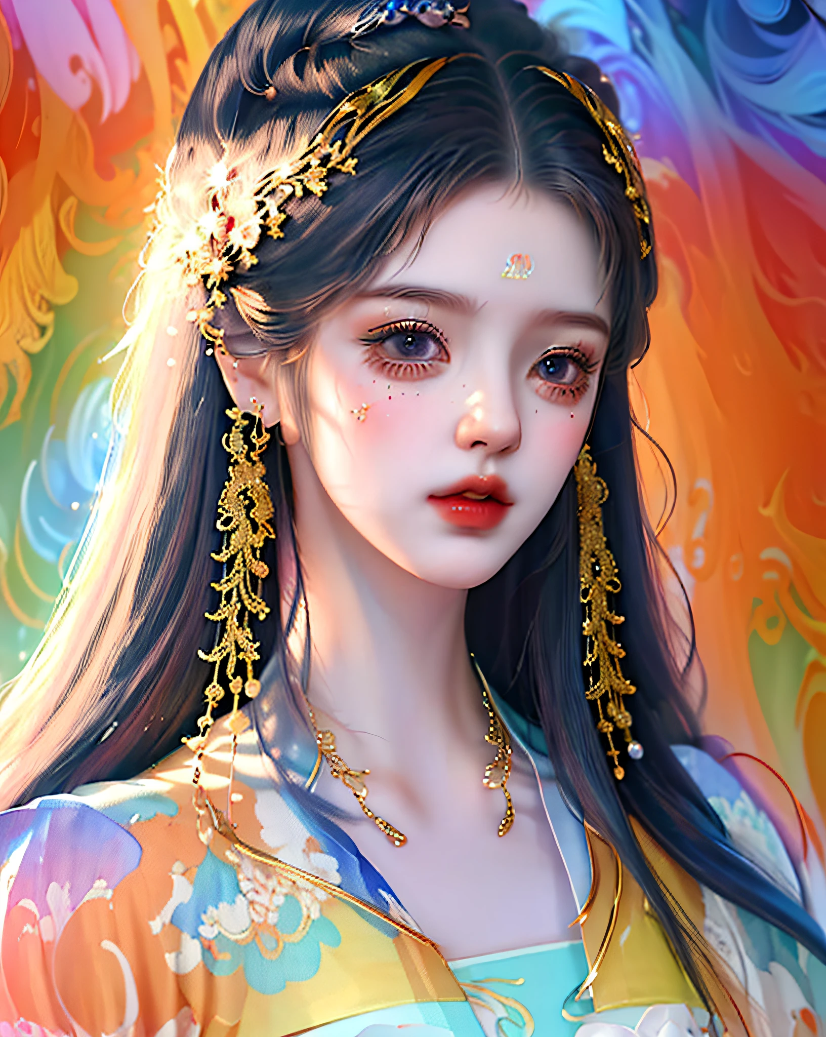 (masterpiece, top quality, best quality, official art, beautiful and aesthetic:1.2), (1girl:1.3), extremely detailed,(fractal art:1.2),colorful,highest detailed,(zentangle:1.2), (dynamic pose), (abstract background:1.5), (treditional dress:1.2), (shiny skin), (many colors:1.4), upper body